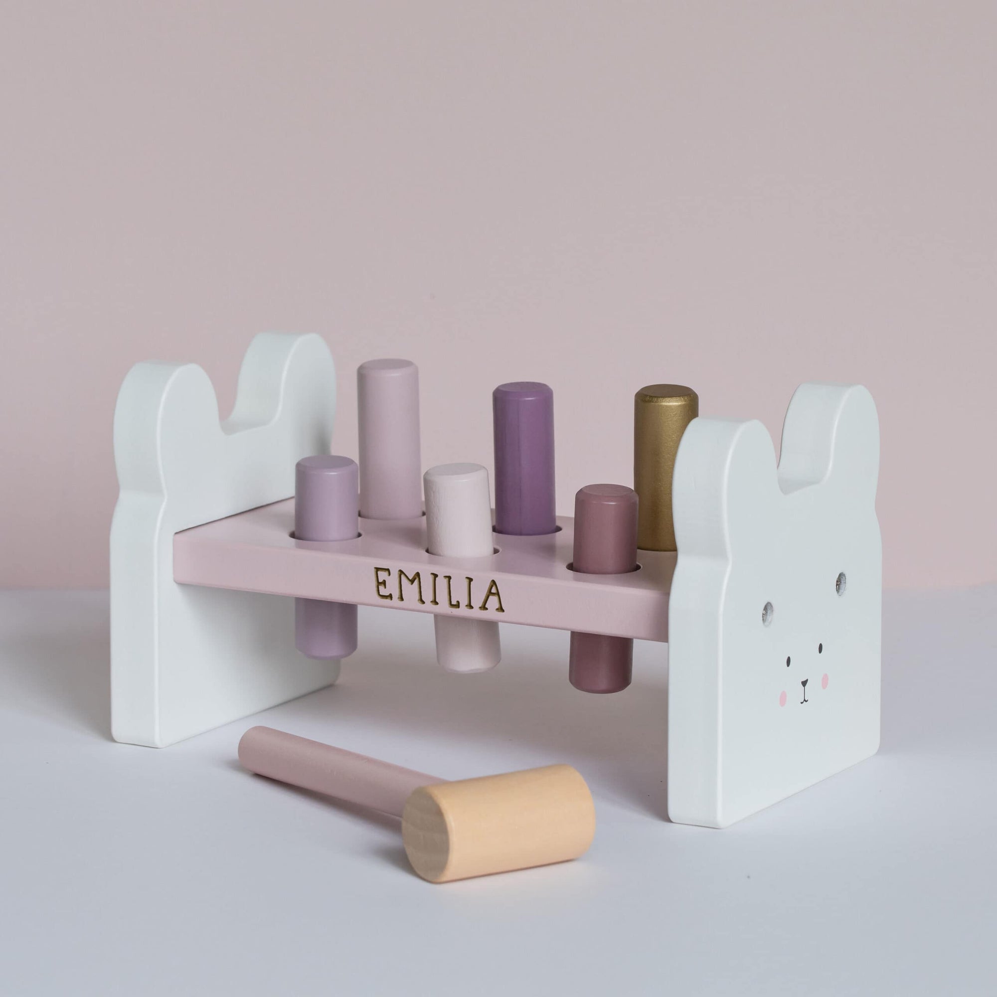 Personalised Wooden Pink Bunny Hammer Bench Toy