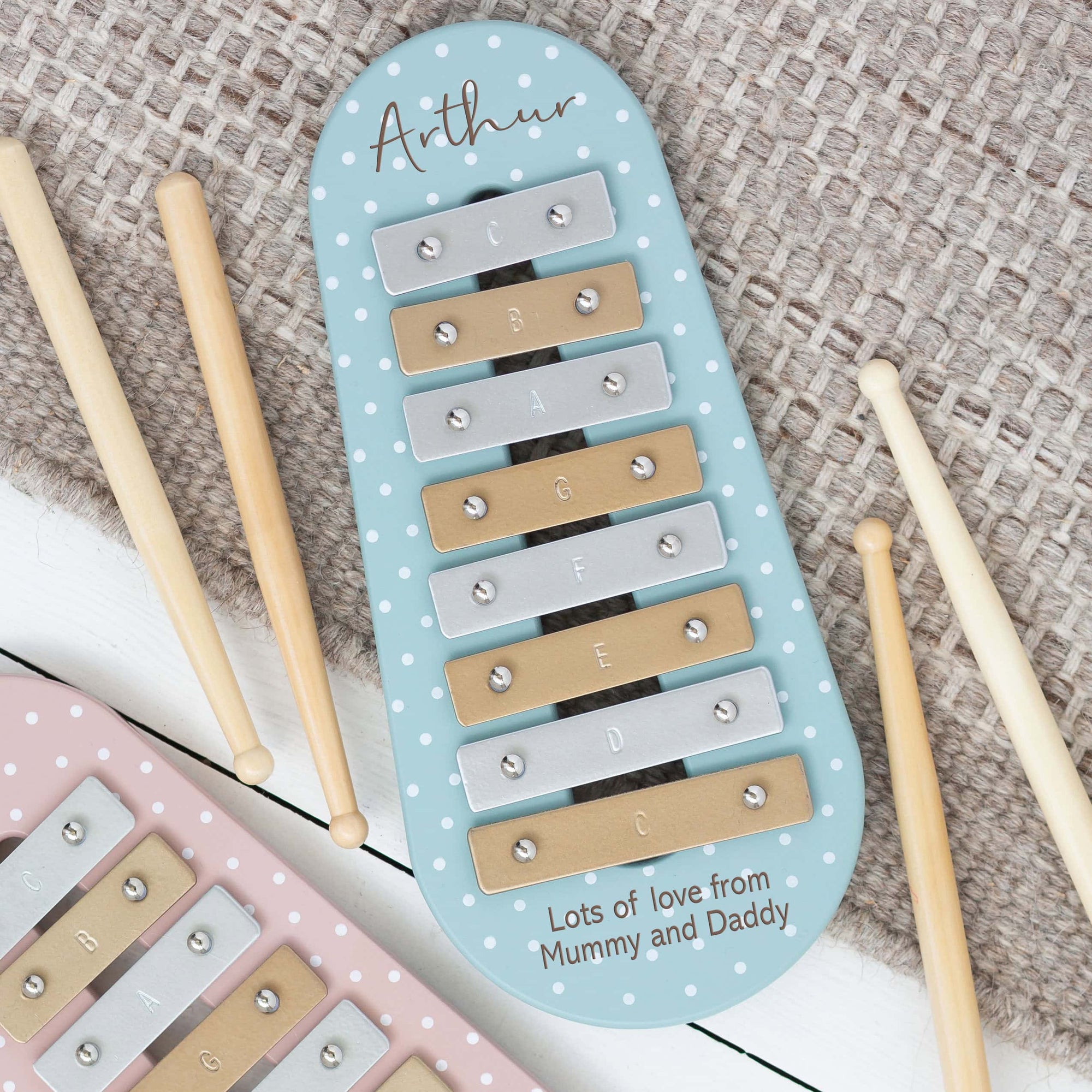 Personalised Polka Dot Kids Metal Xylophone Toy - Blue