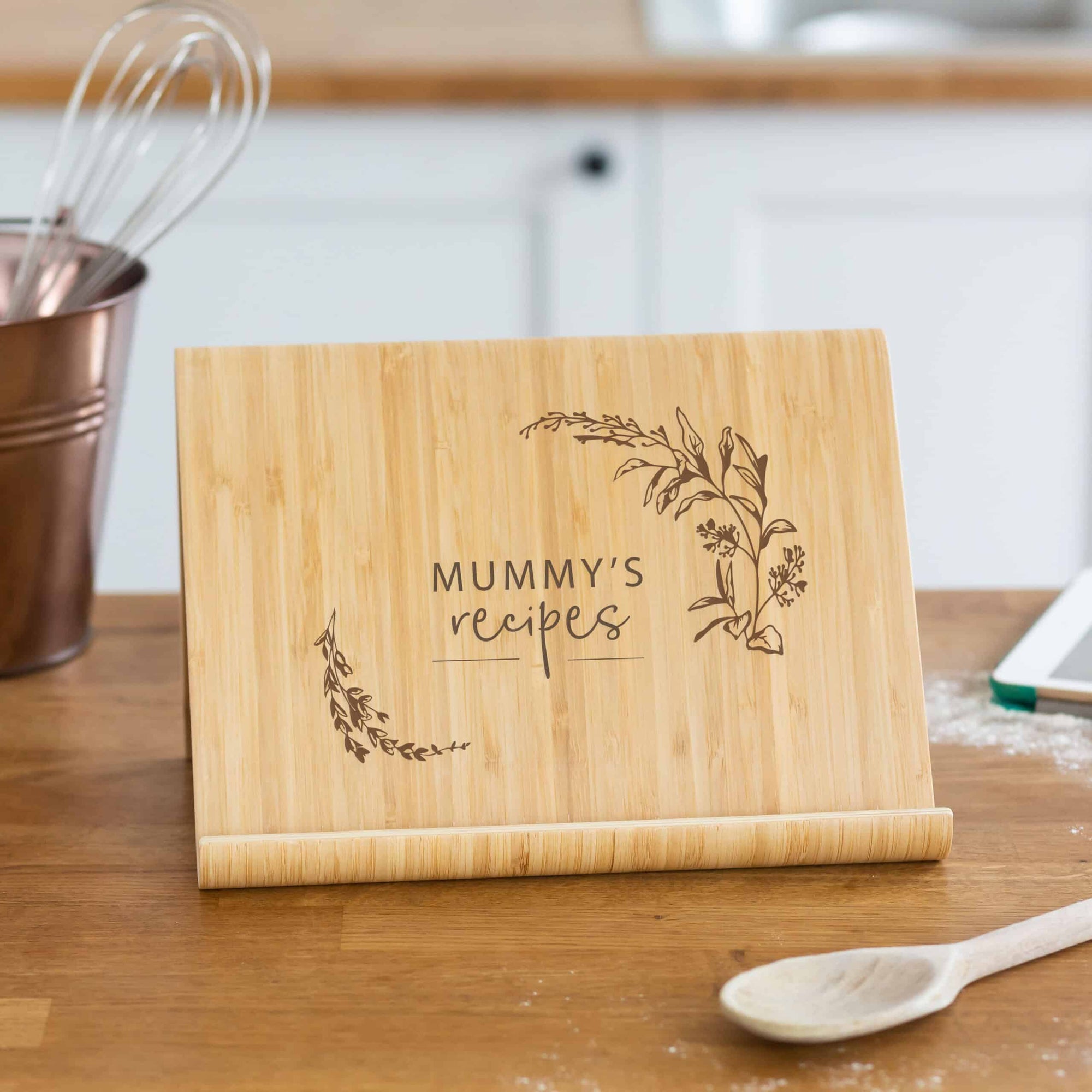 Personalised Bamboo Floral Recipe Book or Tablet Stand