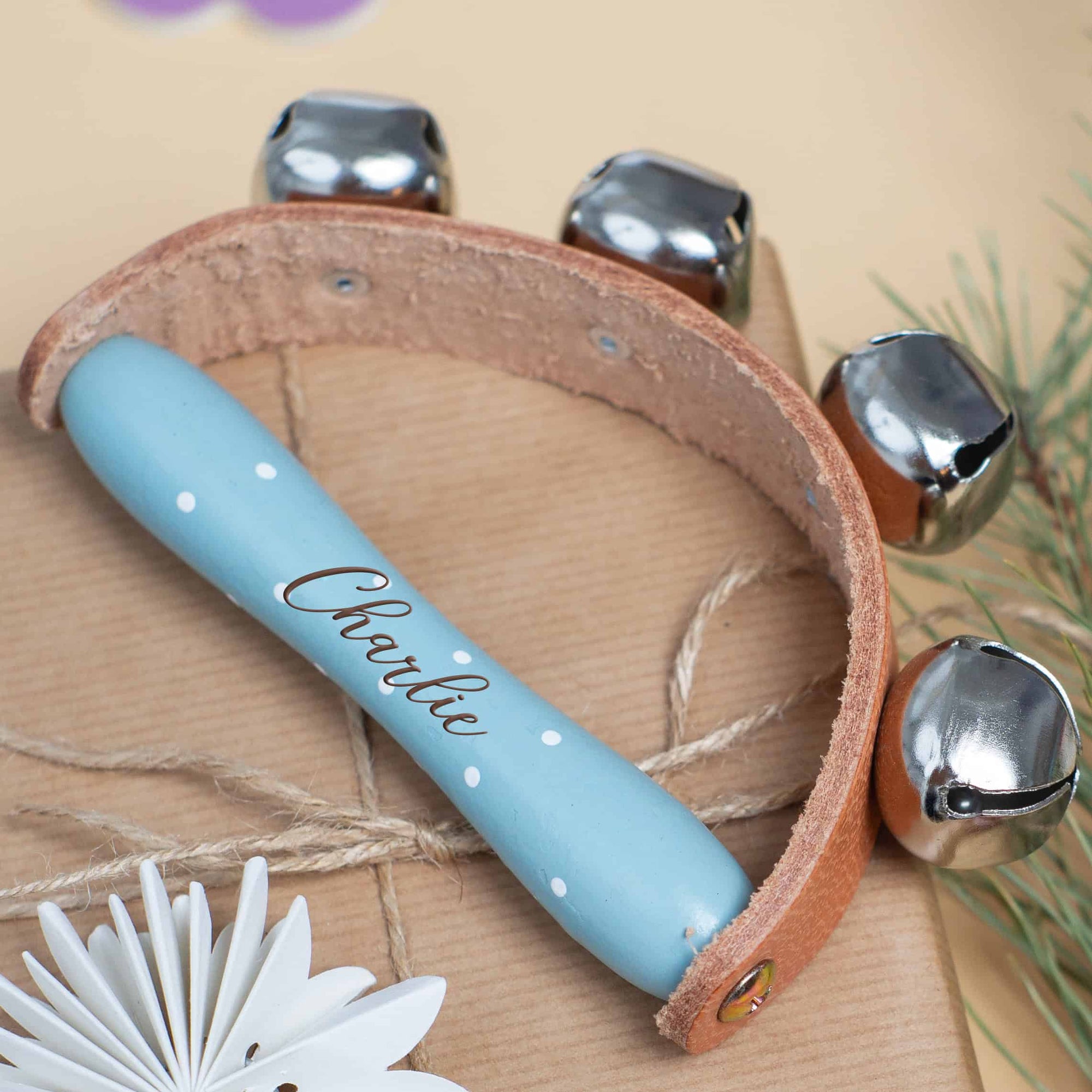 Personalised Wooden Blue Polka Dot Handbell Toy