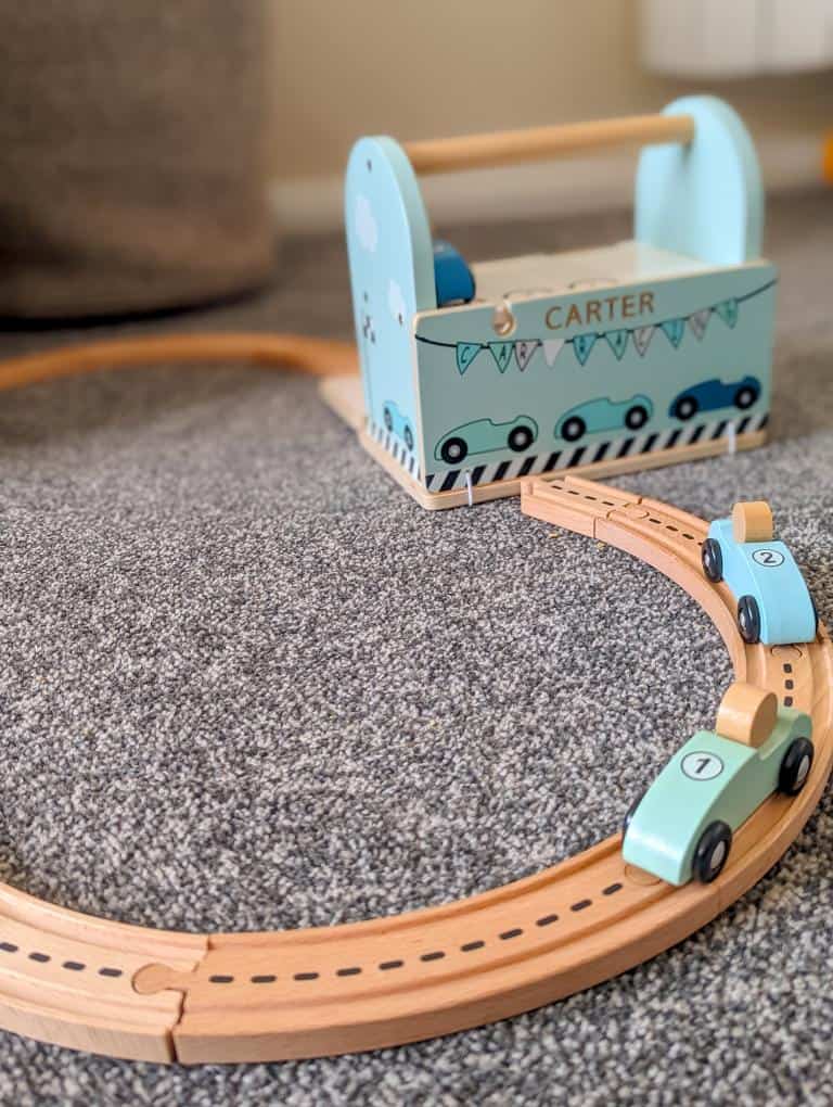 Personalised Wooden Car Racetrack Toy with Pitstop