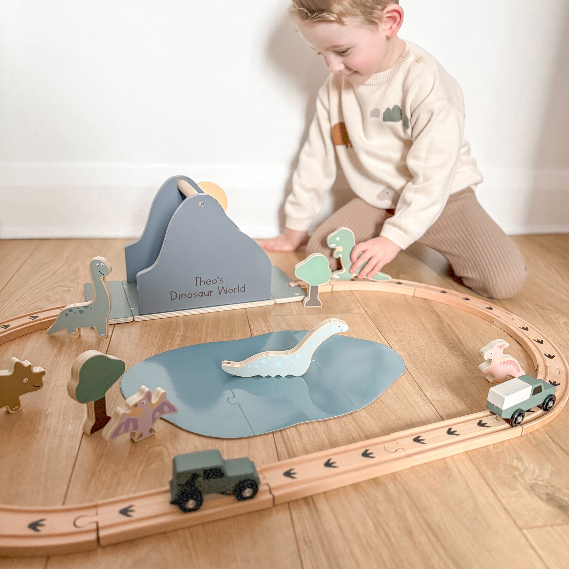 Personalised Wooden Dinosaur World Car Train Set