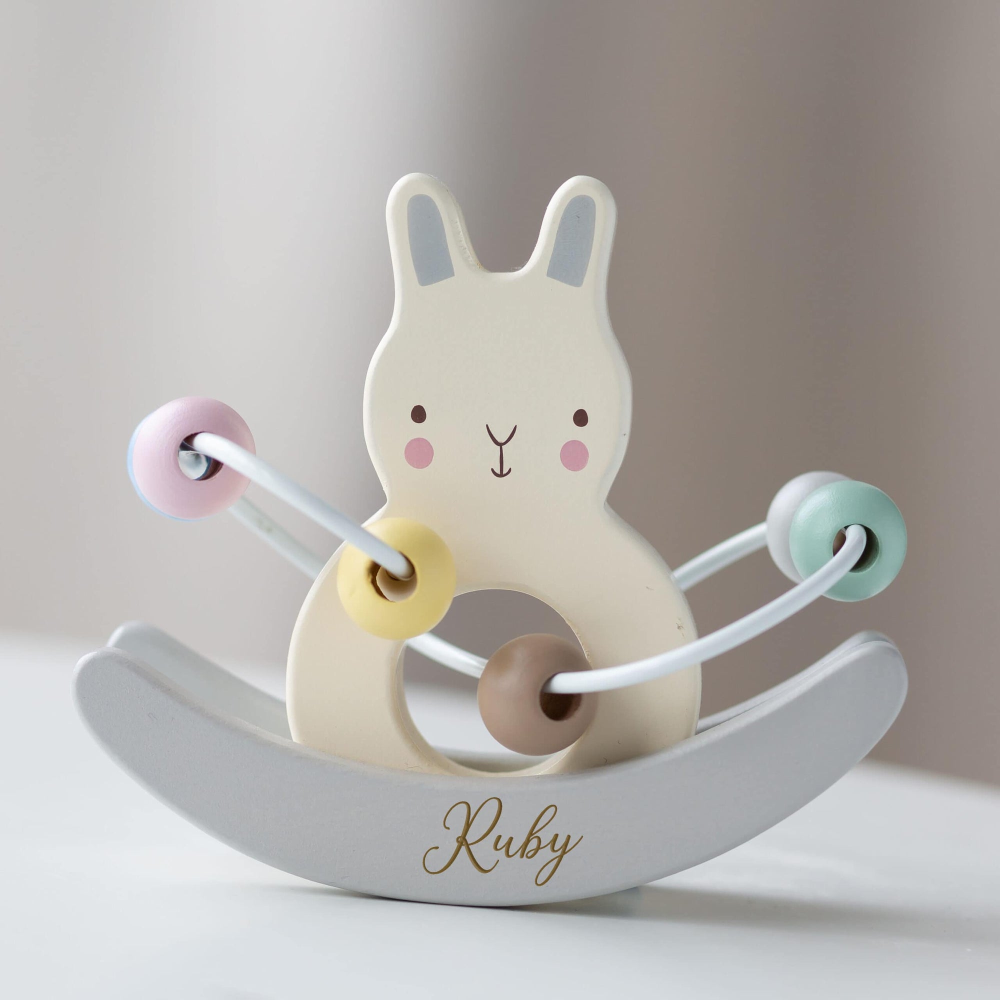 Personalised Wooden Bunny Wire and Bead Toy