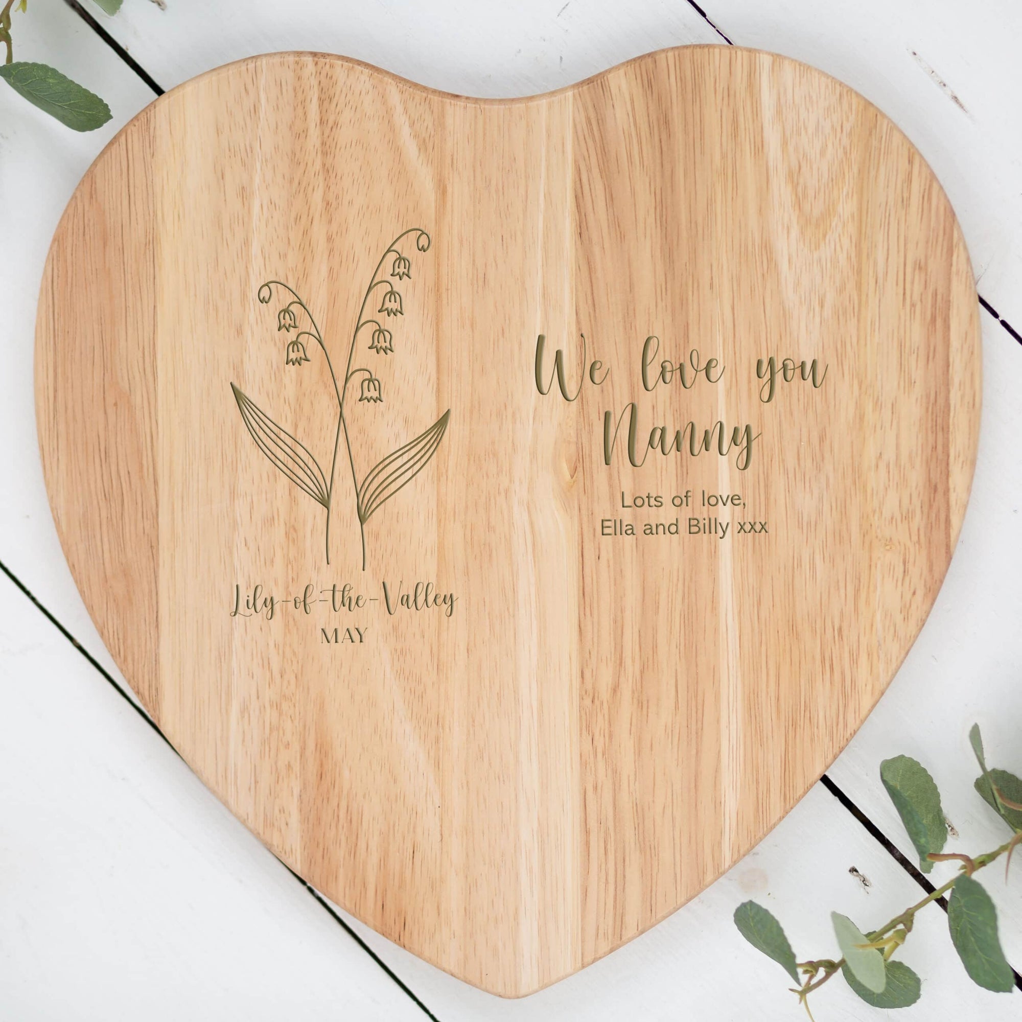 Personalised Birth Flower Heart Shaped Wooden Chopping Board