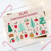 Personalized Christmas Eve box with festive illustrations on a white background.
