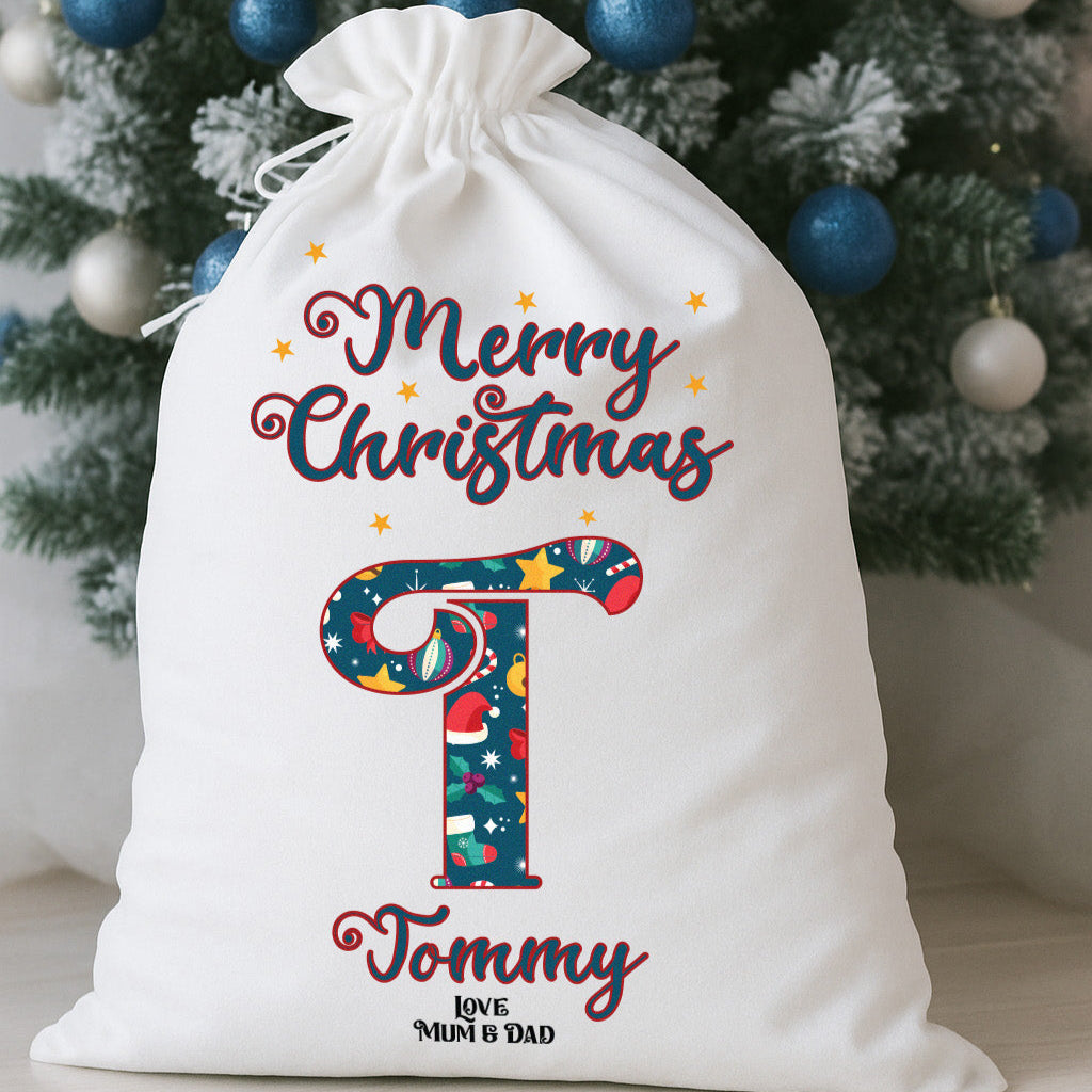 Personalised Blue Christmas Letter Present Sack