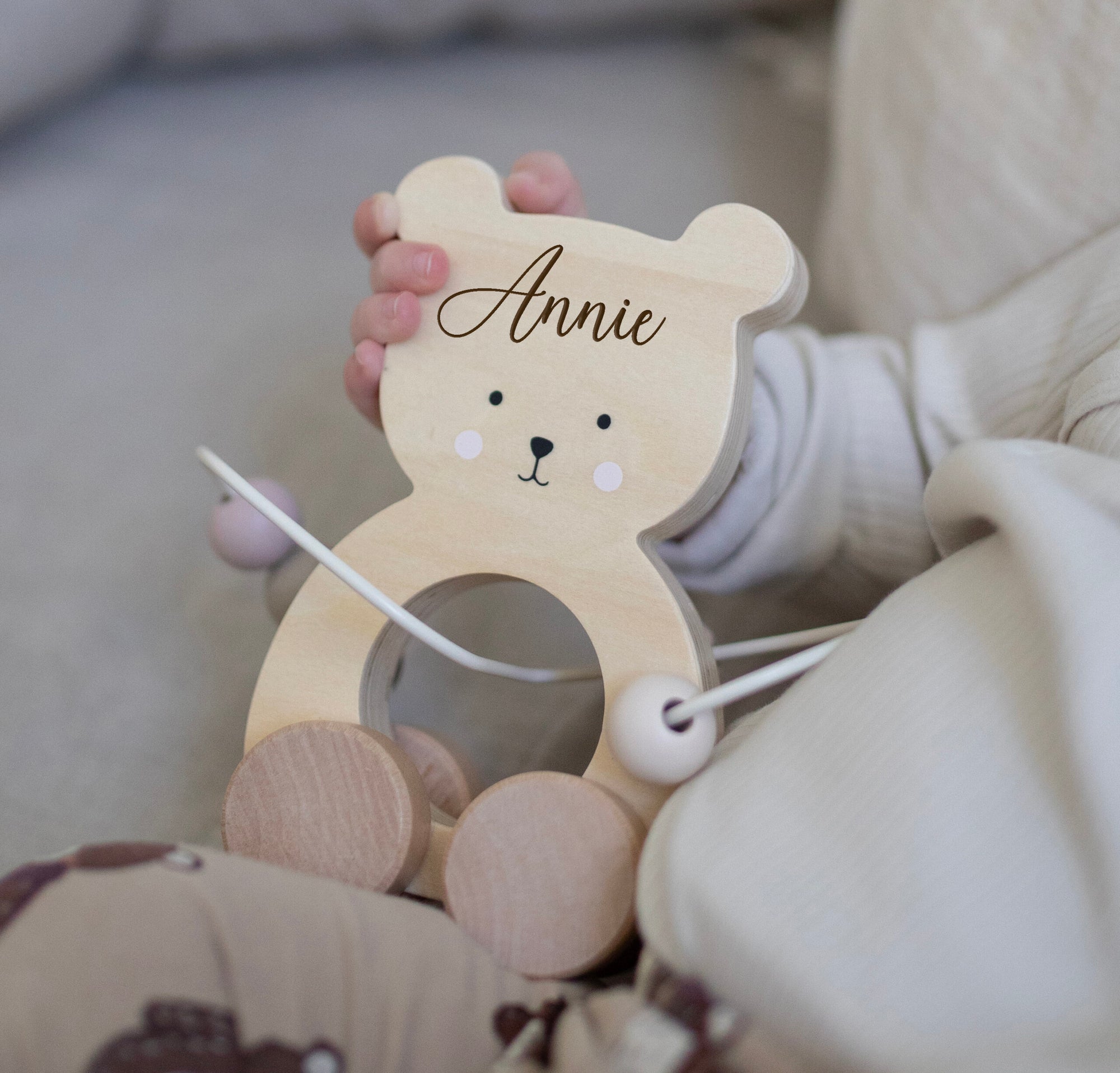 Personalised Wooden Natural Teddy Motor Pull Toy