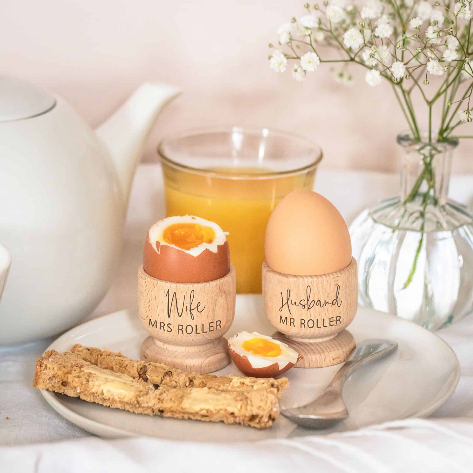 Personalised Wooden Husband & Wife Egg Cups