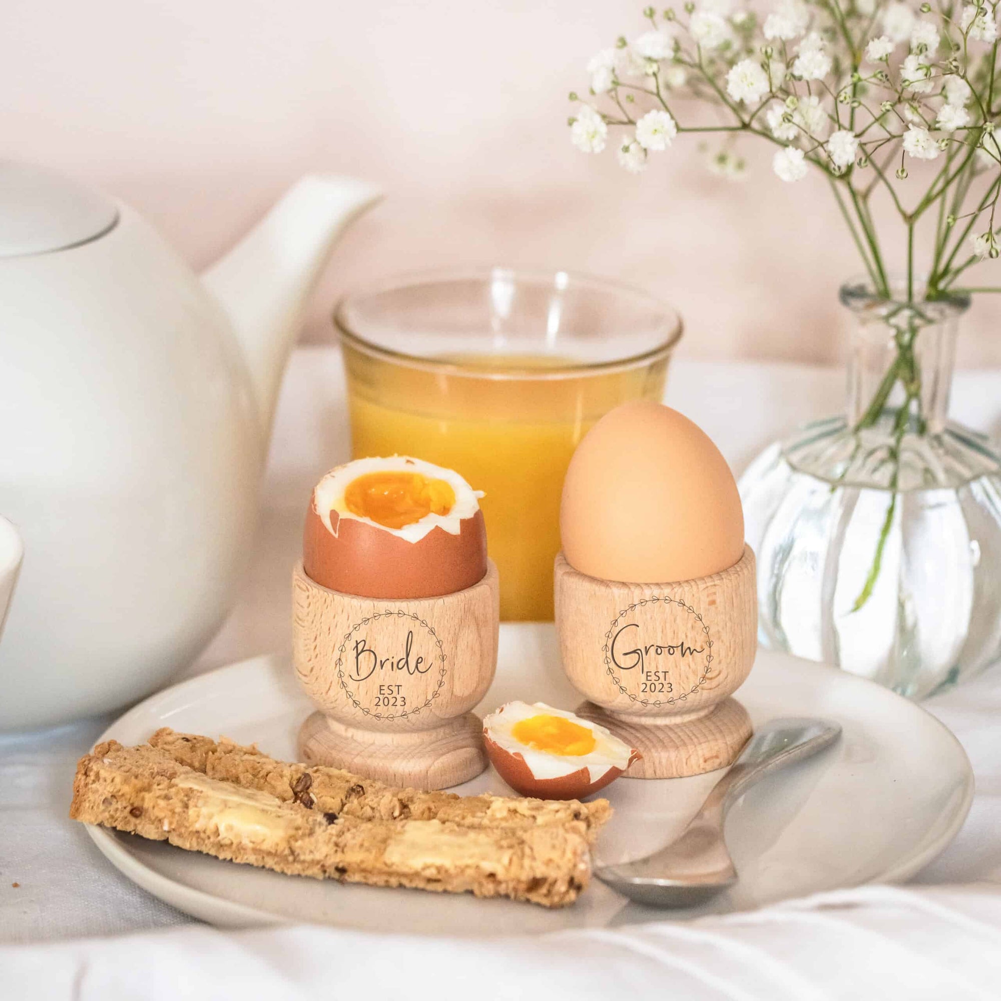 Personalised Wooden Bride & Groom Egg Cups