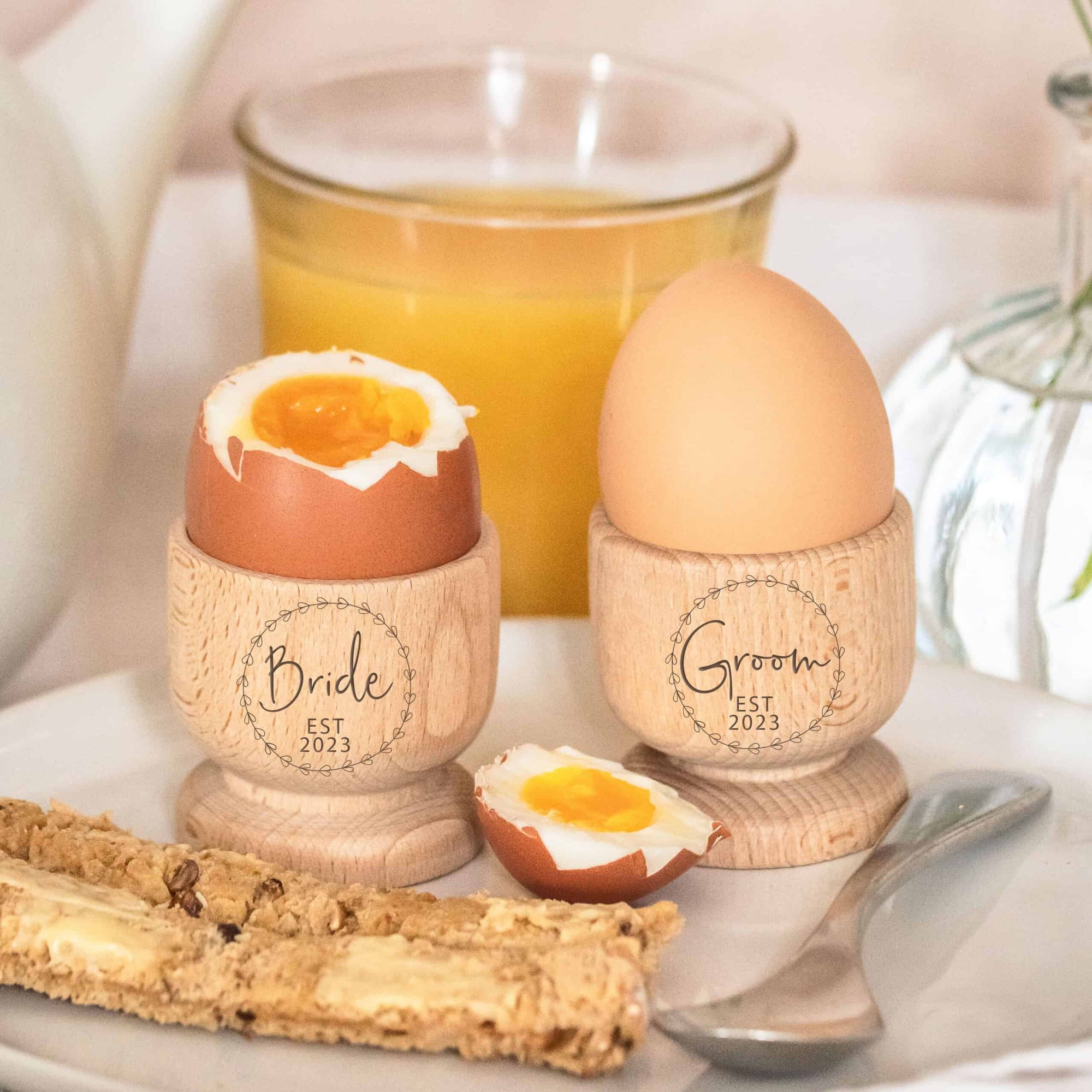 Personalised Wooden Bride & Groom Egg Cups