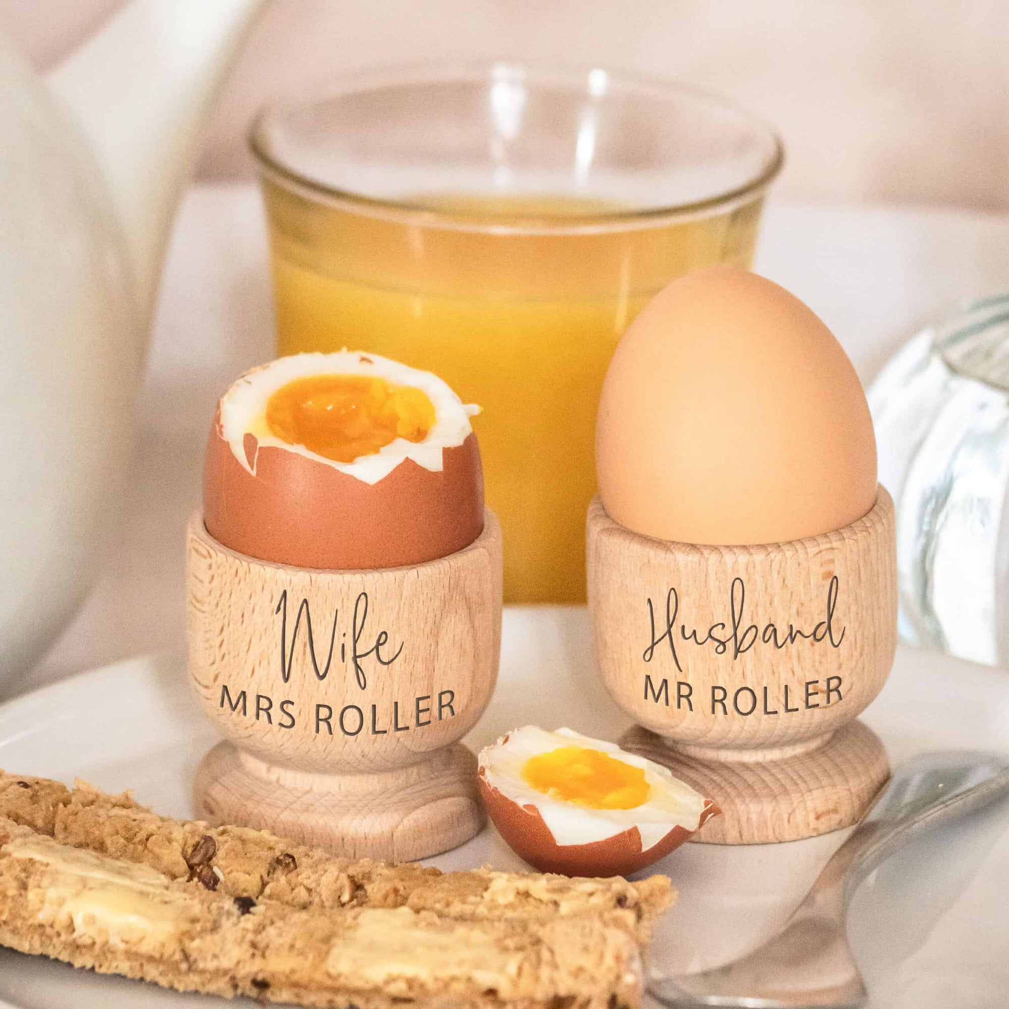 Personalised Wooden Husband & Wife Egg Cups