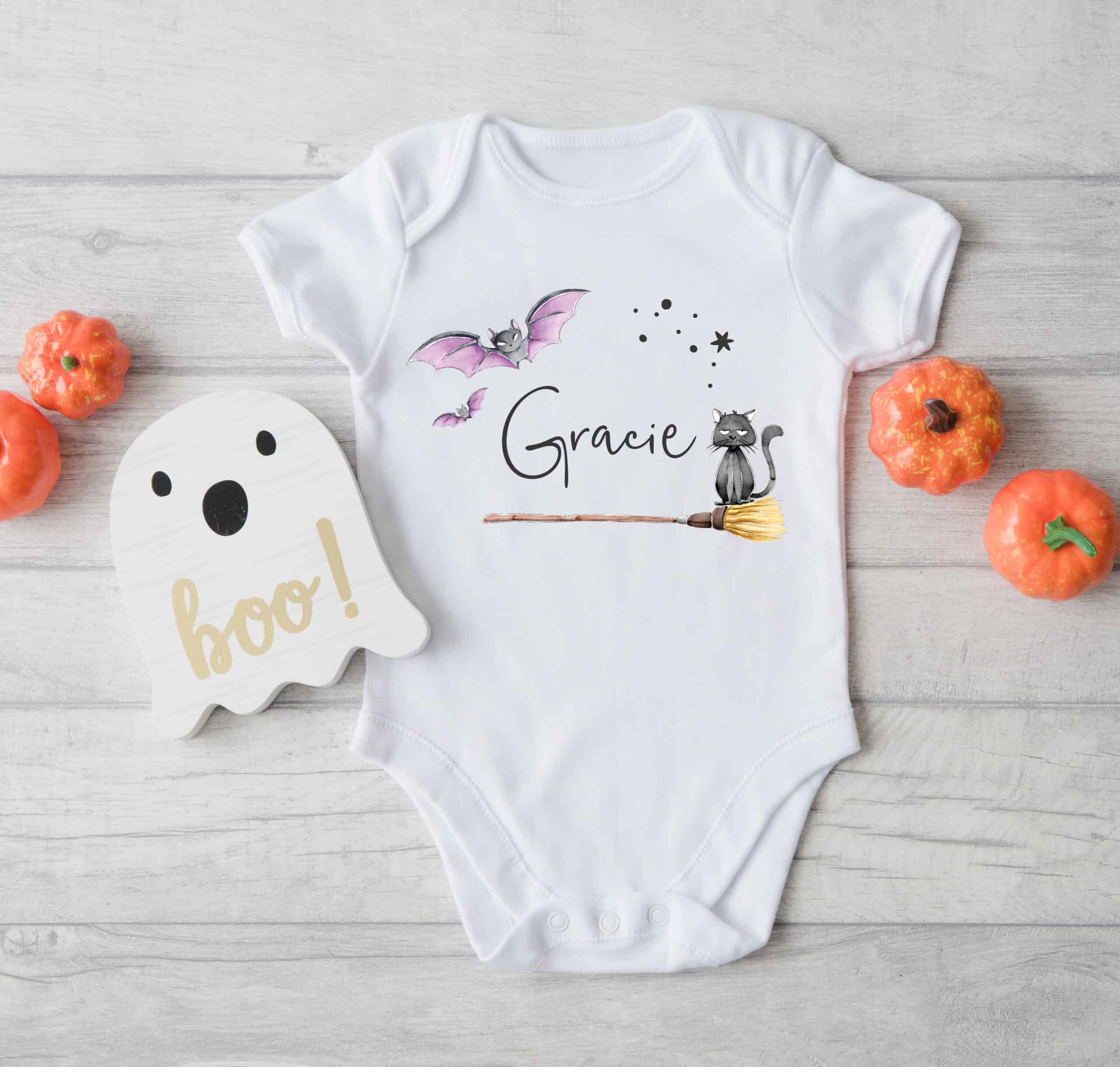 Personalised Baby Halloween Babygrow/Sleepsuit - Cat Broom