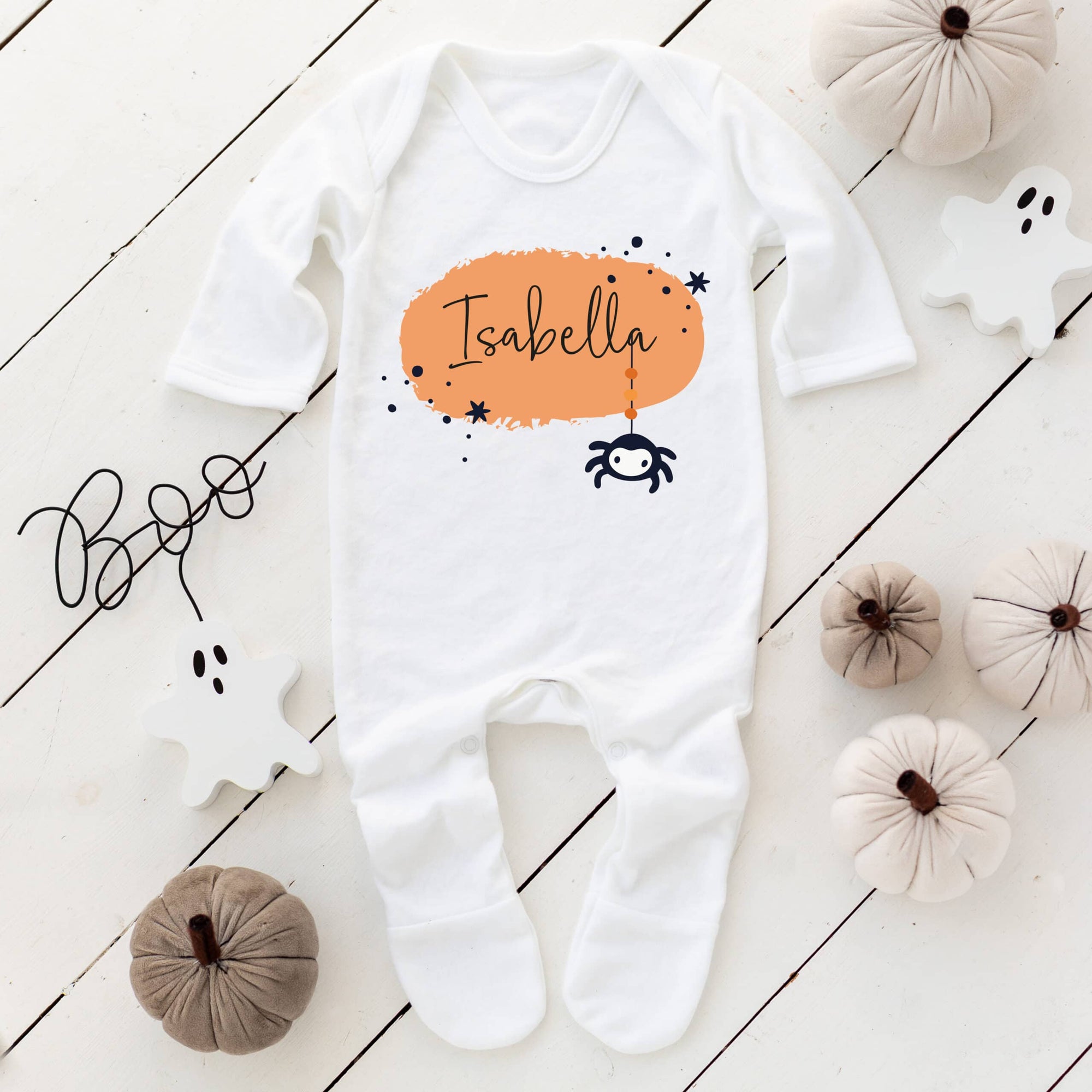 Personalised Baby Halloween Babygrow/Sleepsuit - Spider Name