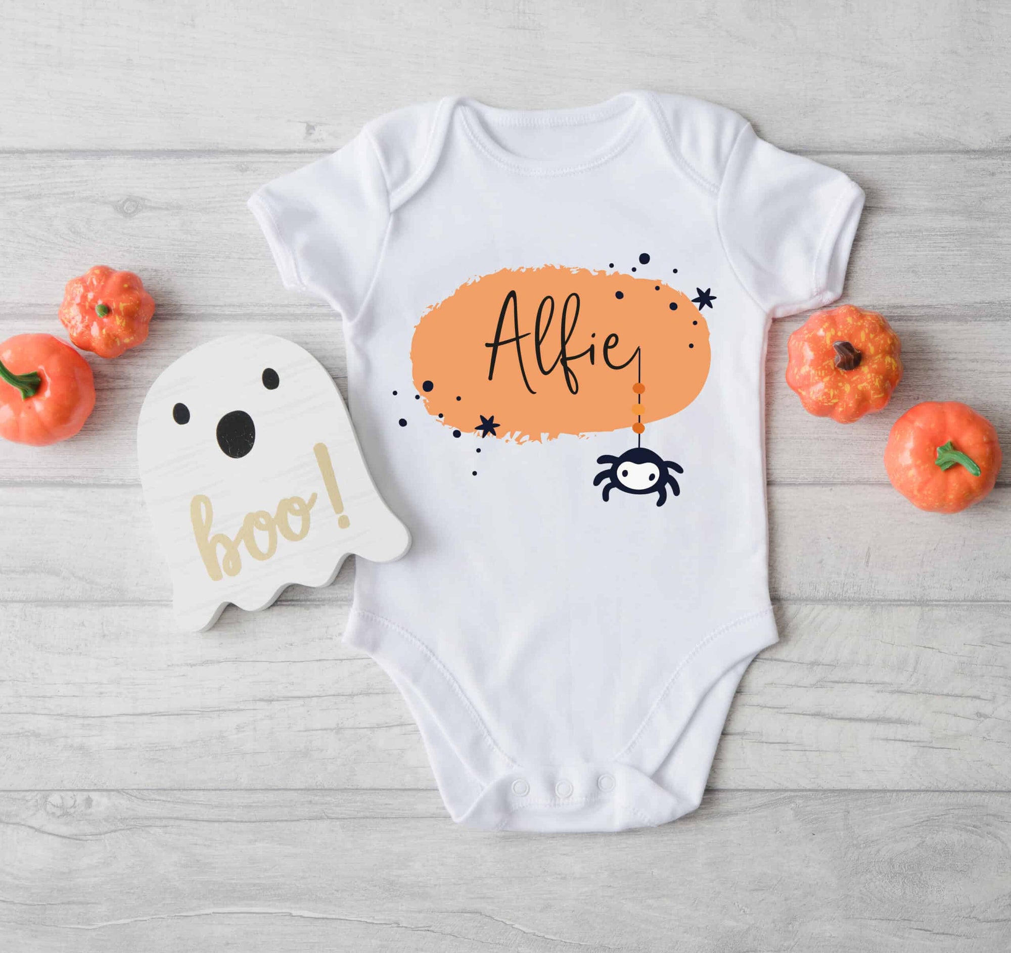 Personalised Baby Halloween Babygrow/Sleepsuit - Spider Name