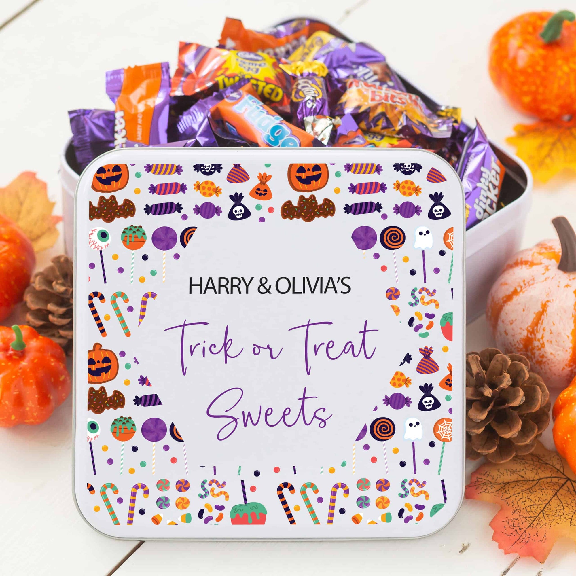 Personalised Metal Square Trick or Treat Sweetie Tin