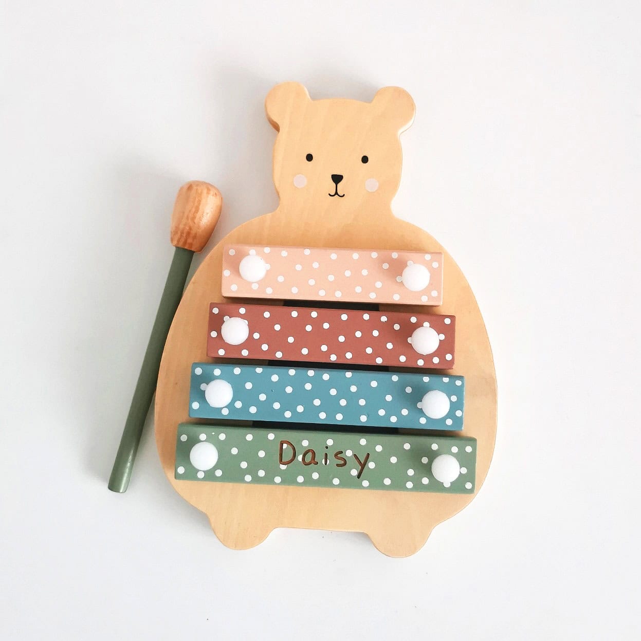 Personalised Polka Dot Kids Wooden Teddy Xylophone Toy