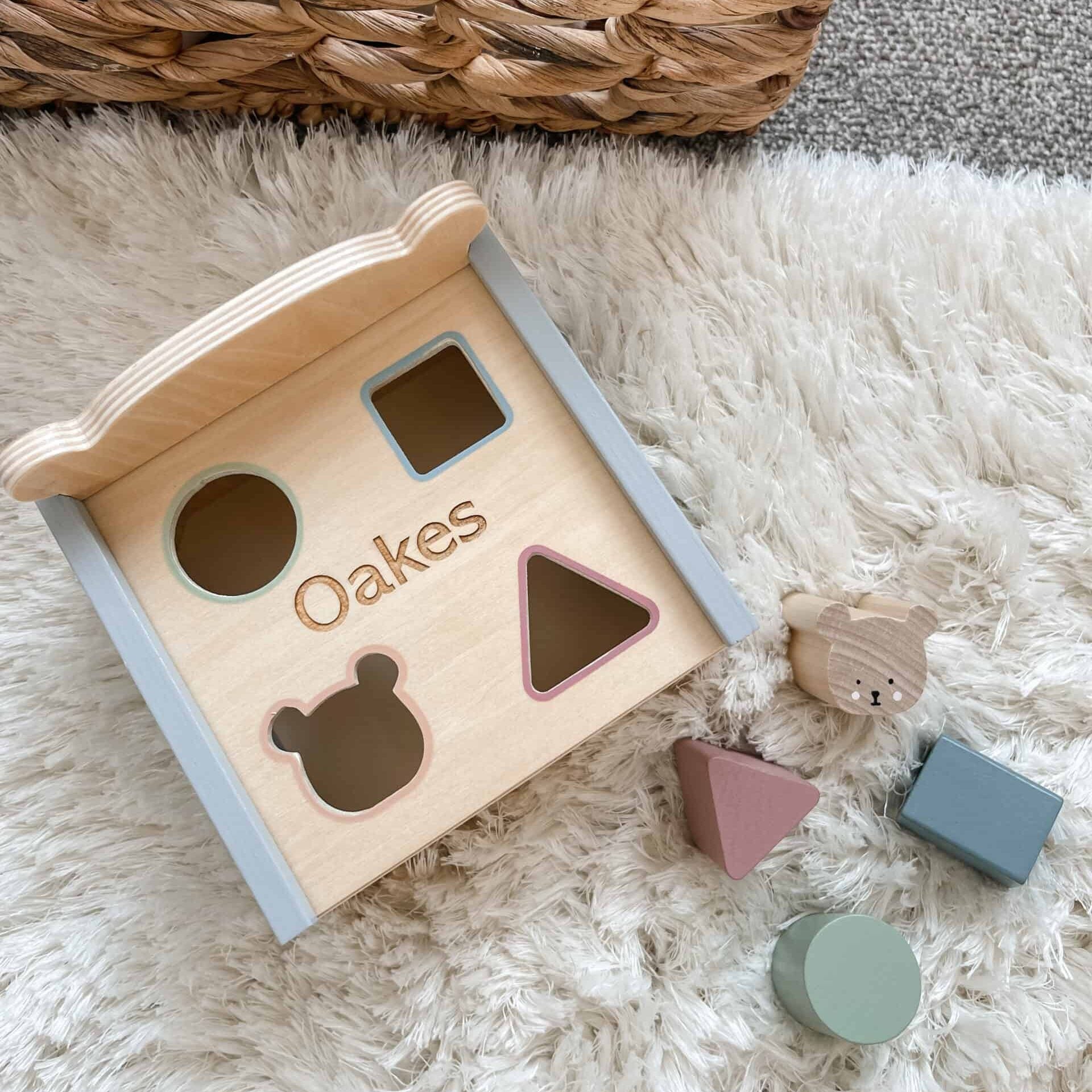 Personalised Wooden Teddy Sorterbox Puzzle Shapes Toy