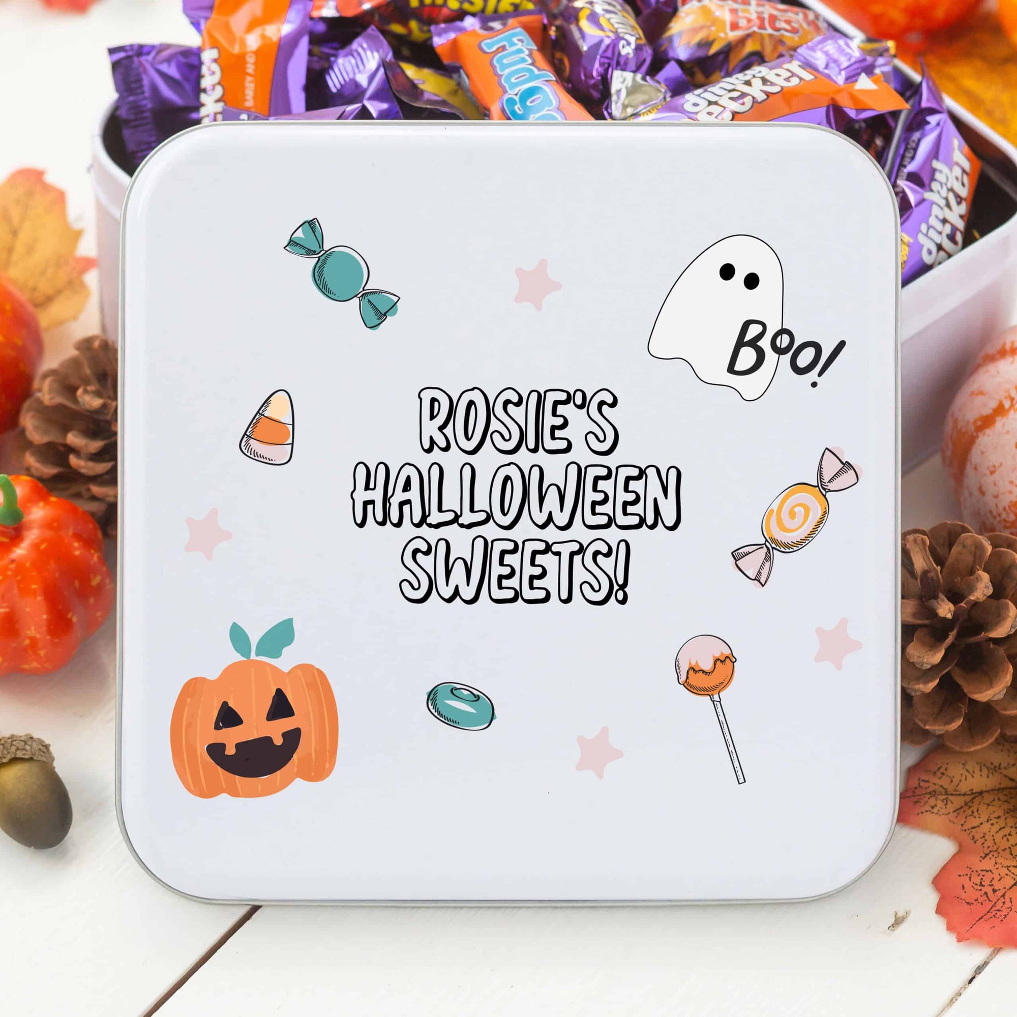 Personalised Metal Square Trick or Treat Sweetie Tin - Pastel