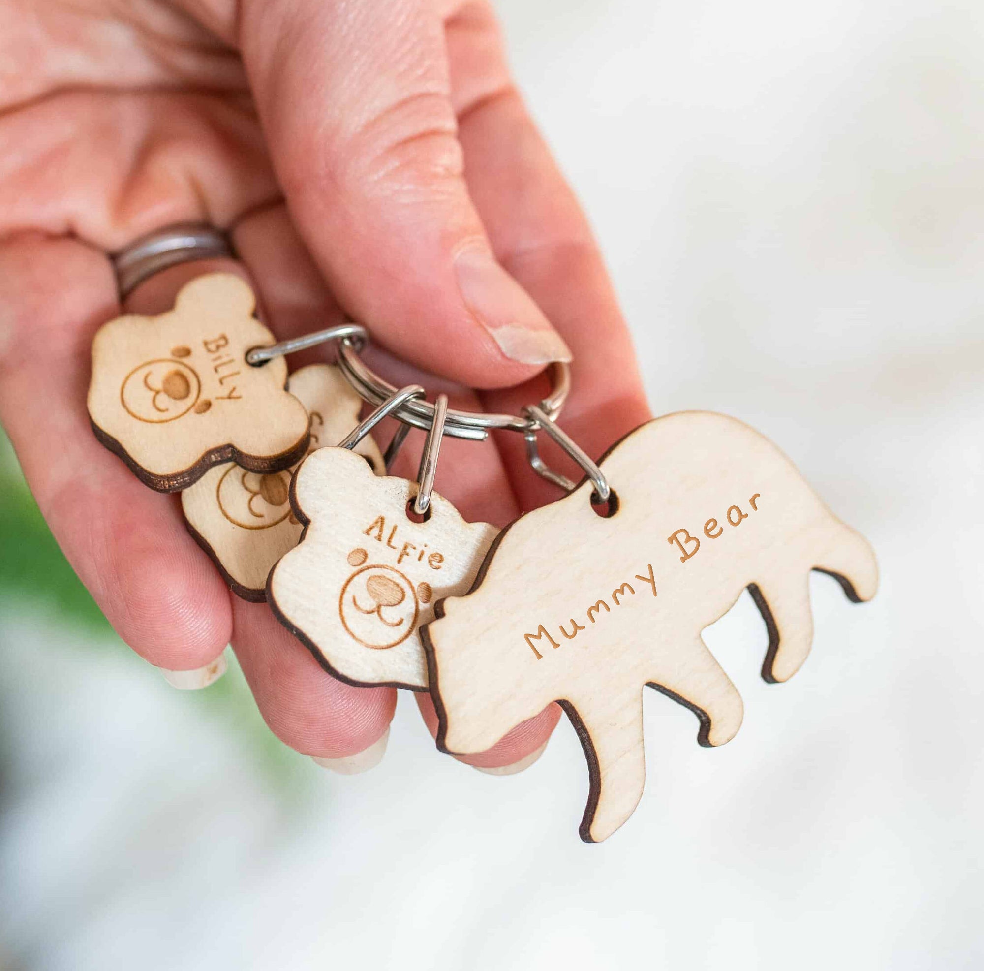 Personalised Wooden Mummy Bear Child Family Tag Keyring