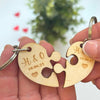 Personalised Wooden Couples Heart Puzzle Keyring Set