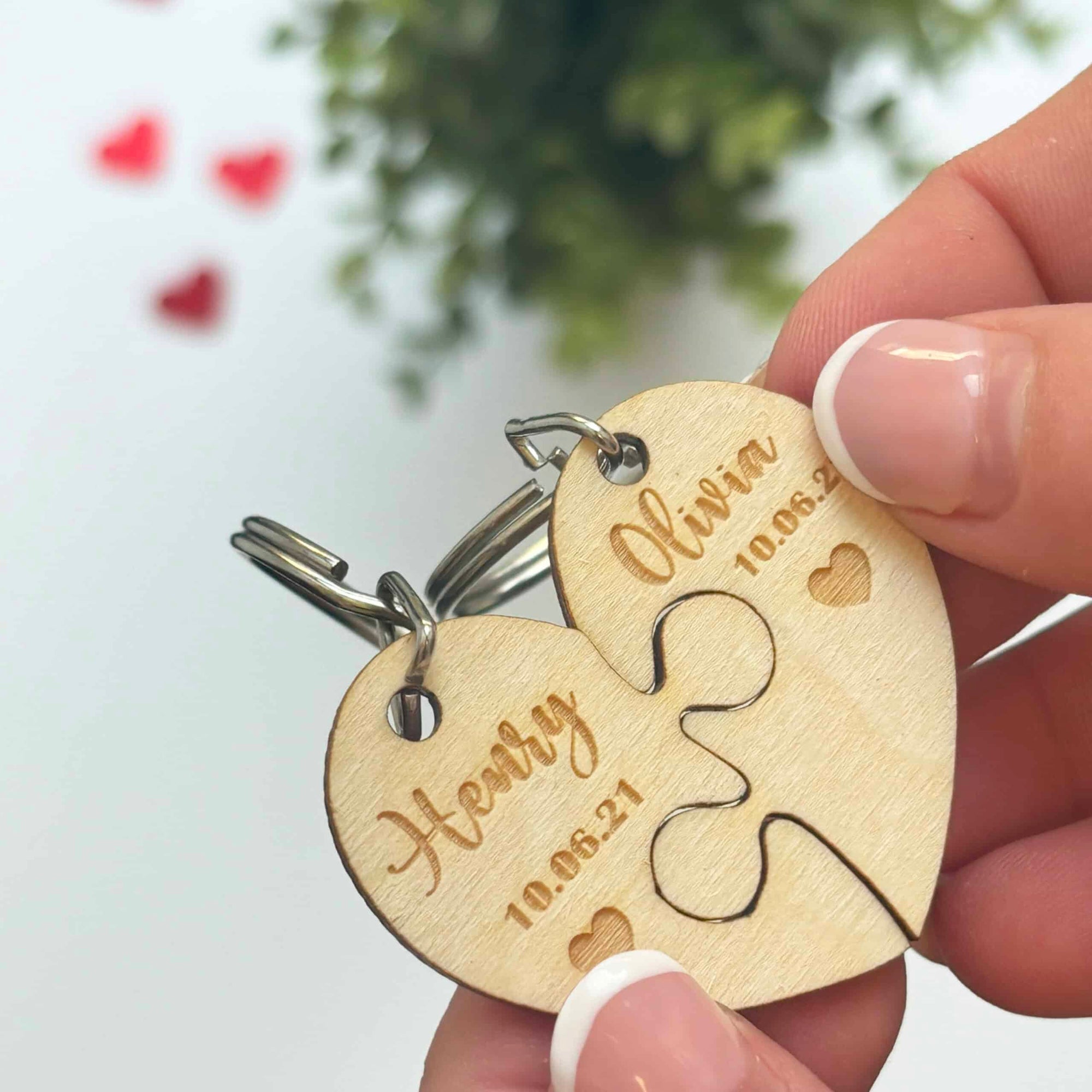 Personalised Wooden Couples Heart Puzzle Keyring Set