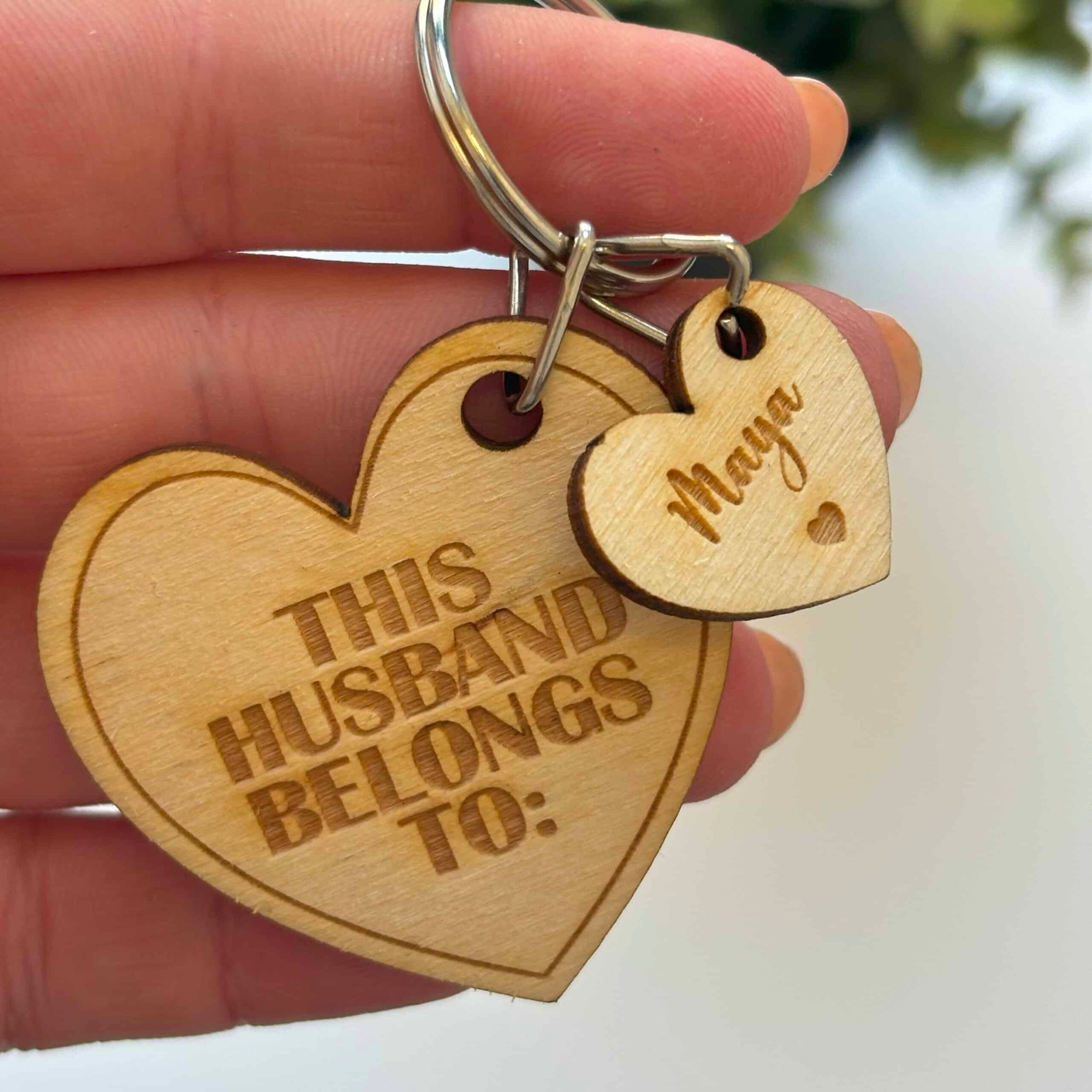 Personalised "This Husband Belongs to" Wooden Tag Keyring