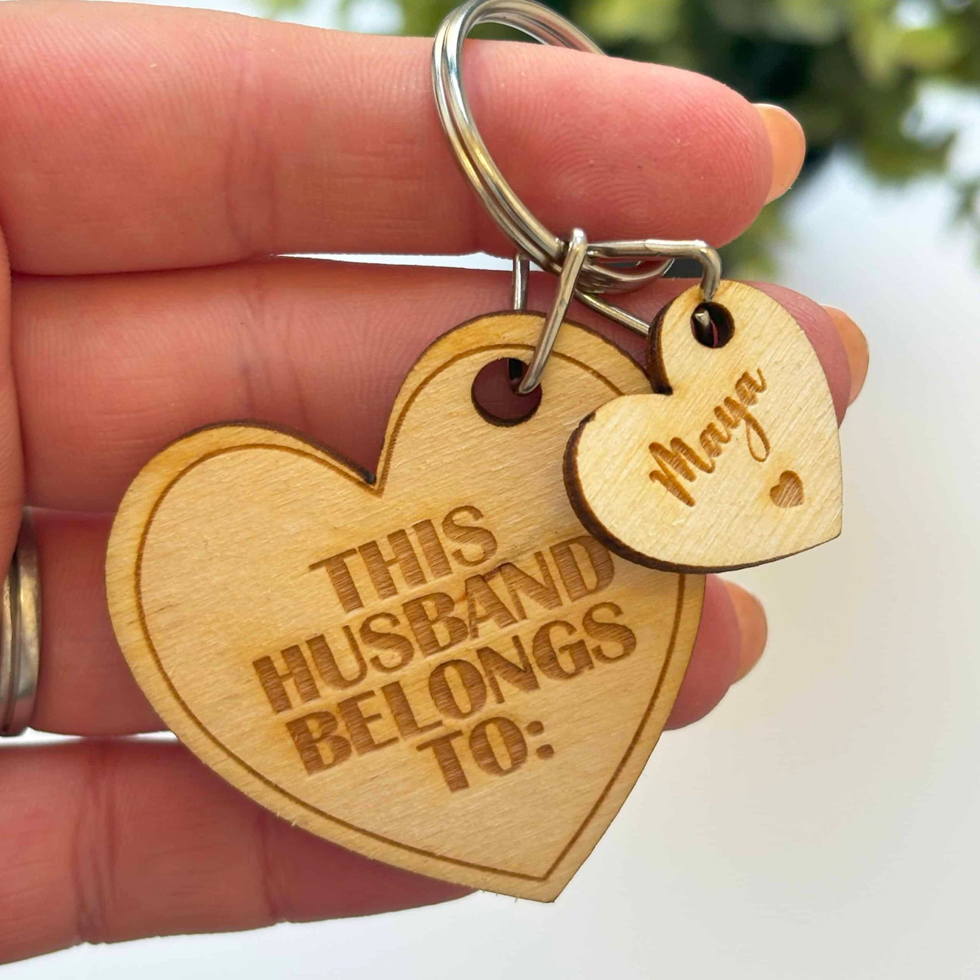 Personalised "This Husband Belongs to" Wooden Tag Keyring
