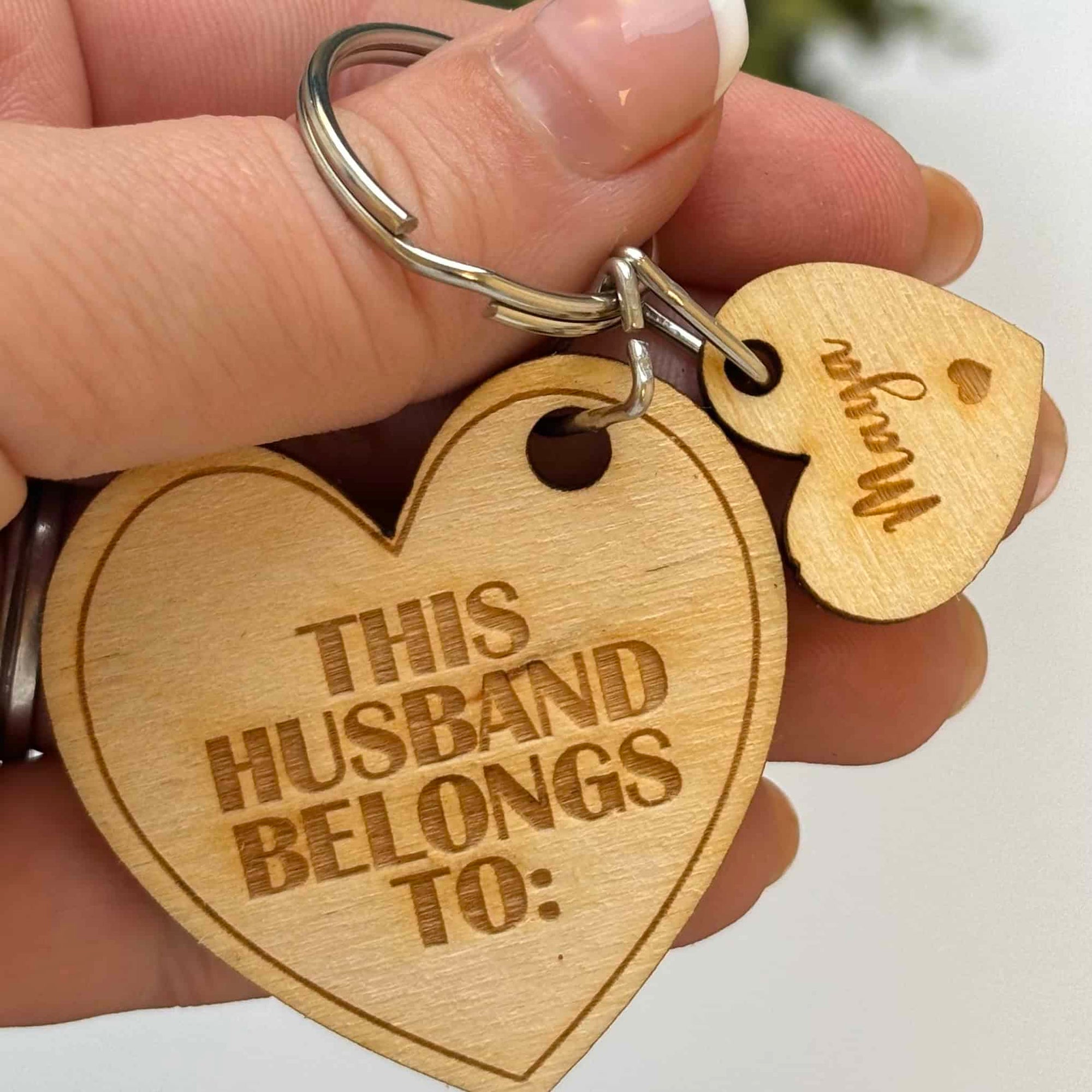 Personalised "This Husband Belongs to" Wooden Tag Keyring