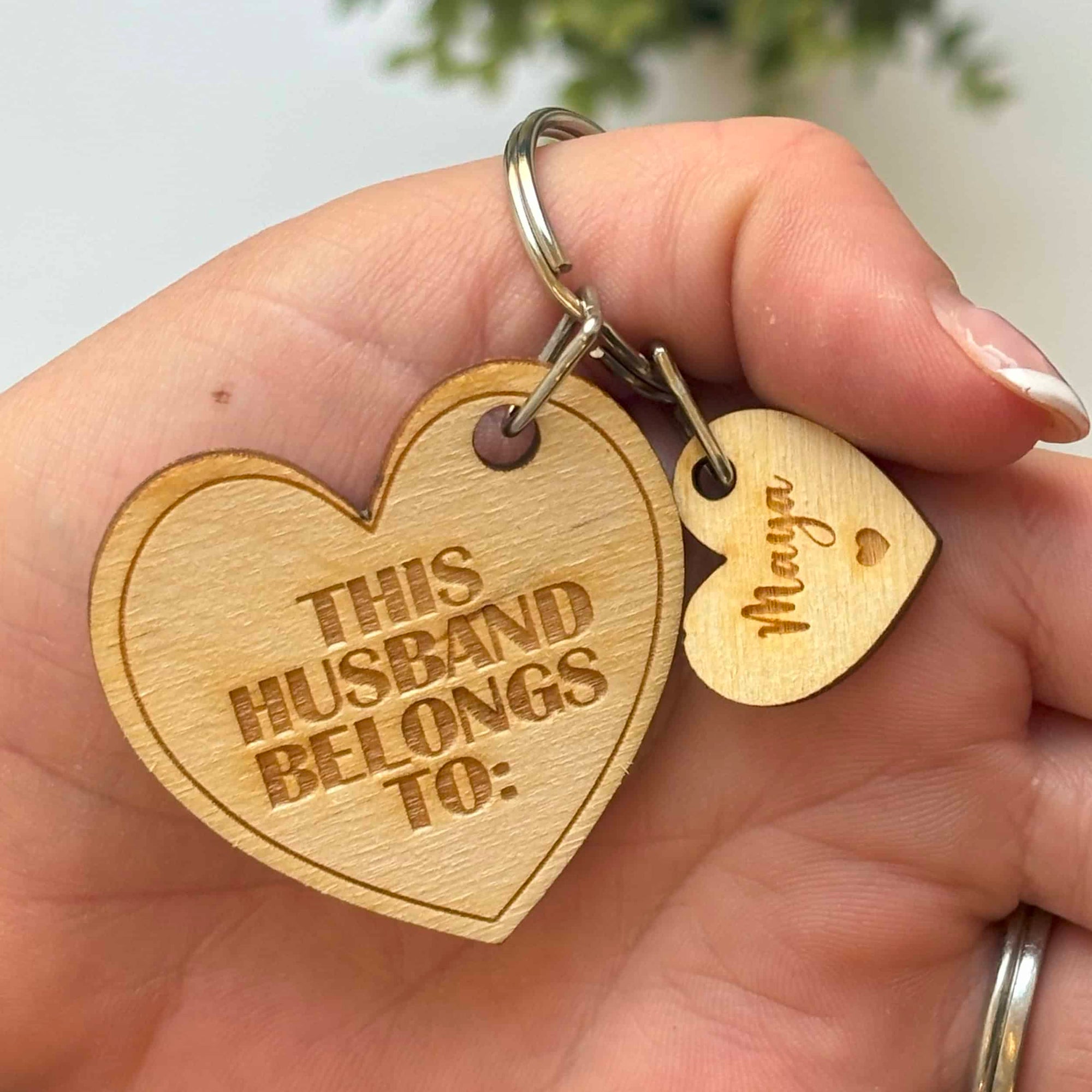 Personalised "This Husband Belongs to" Wooden Tag Keyring