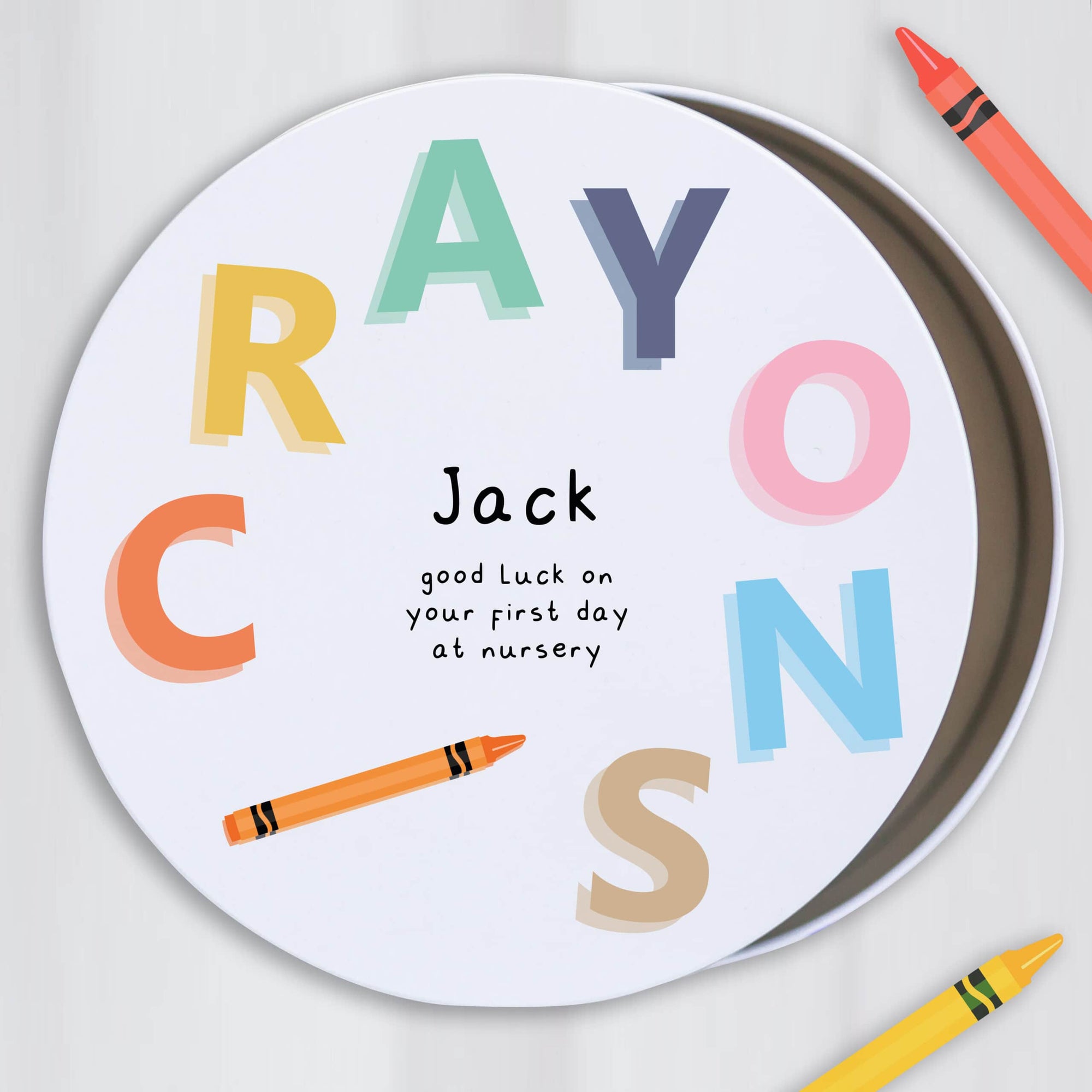 Personalised Kids Colourful Metal Round Crayon Tin