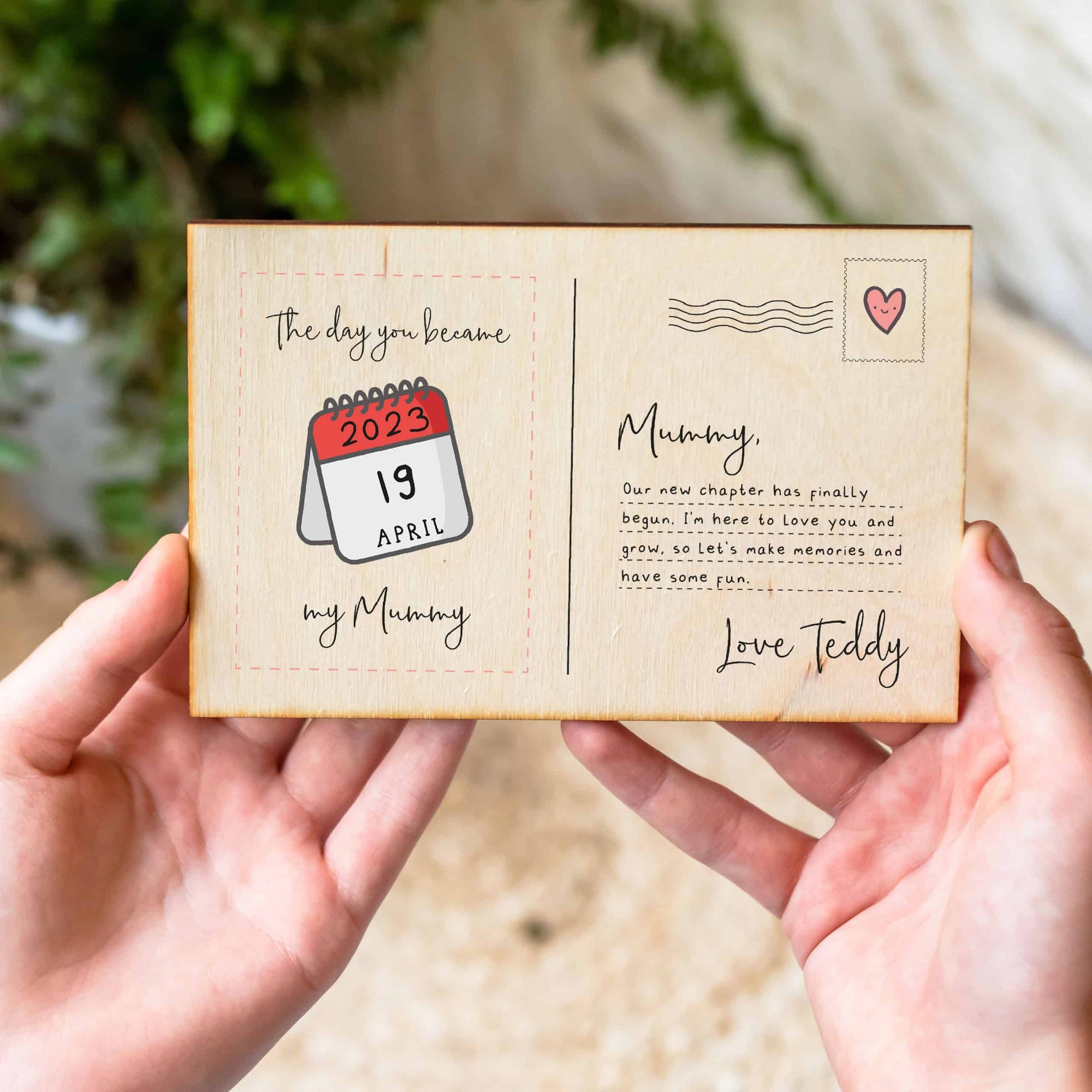 Personalised The Day You Became My Mummy Wooden Postcard
