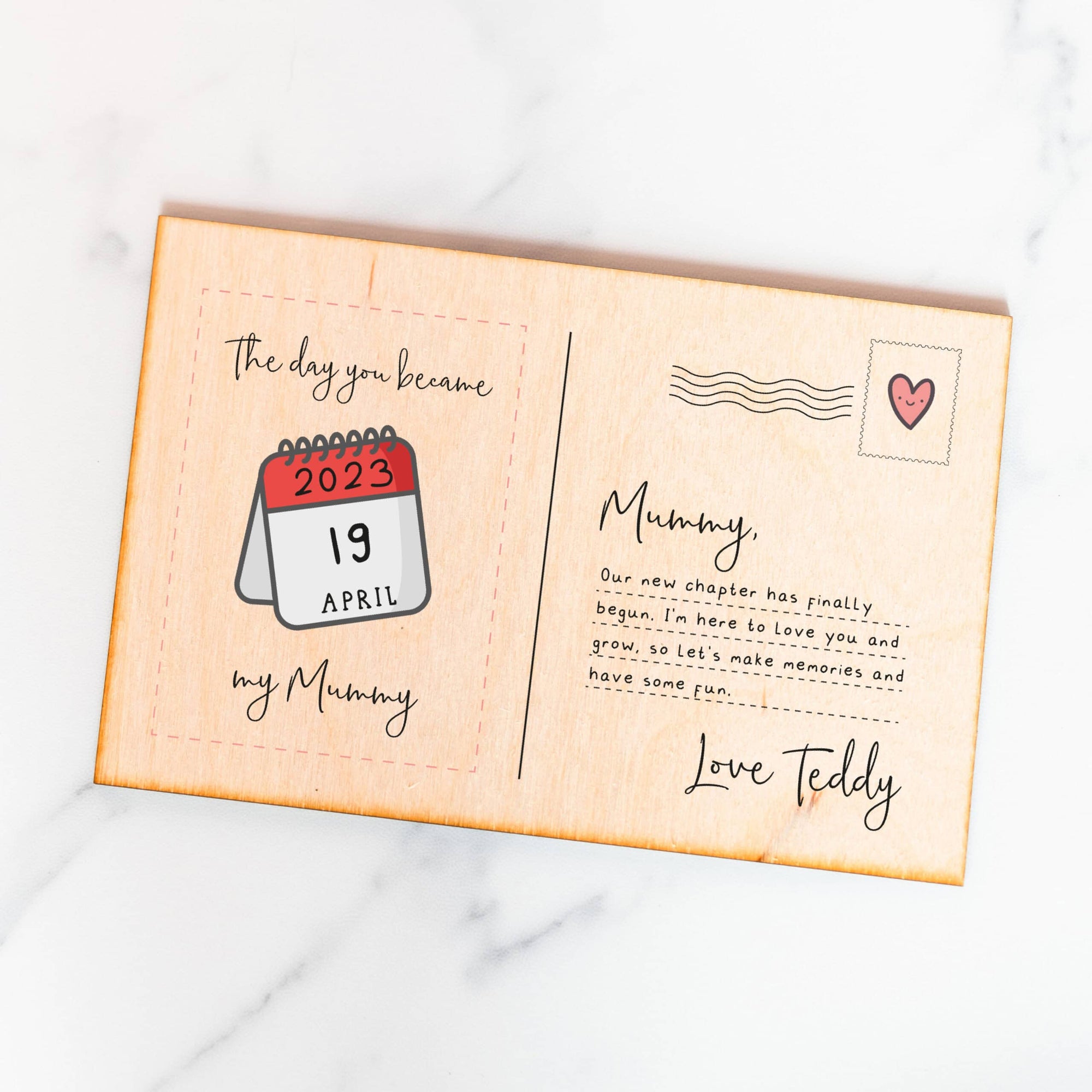 Personalised The Day You Became My Mummy Wooden Postcard
