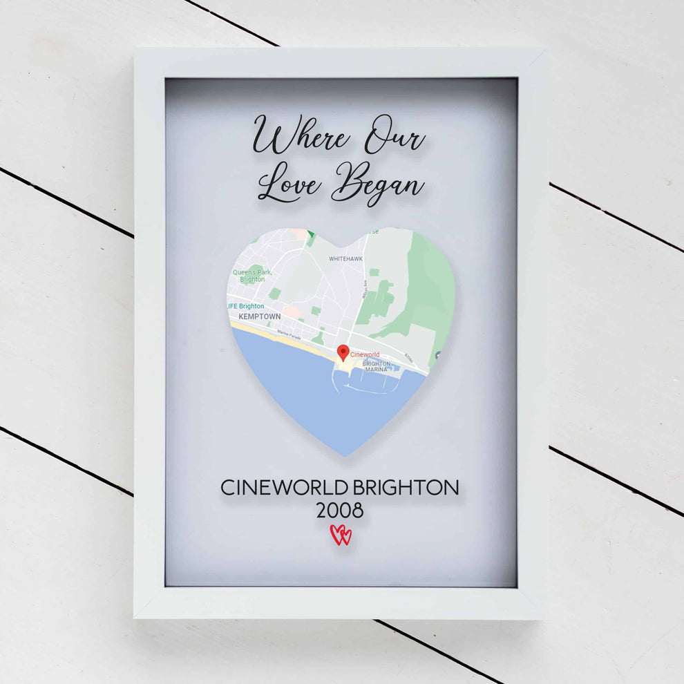 Personalised Printed Glass White Map Frame - Multiple Sizes