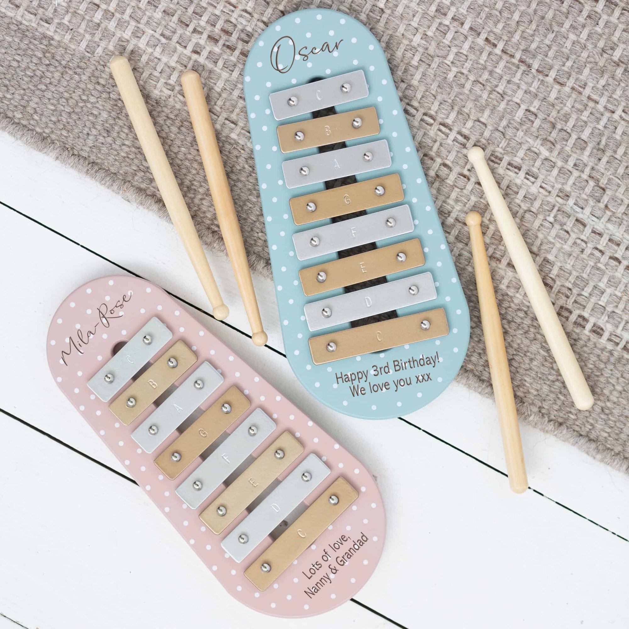 Personalised Polka Dot Kids Metal Xylophone Toy - Blue