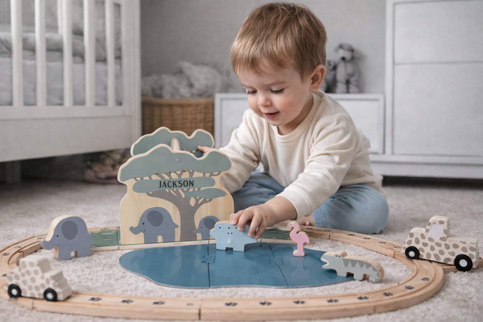 Personalised Carry Case Wooden Animal Safari Train Toy