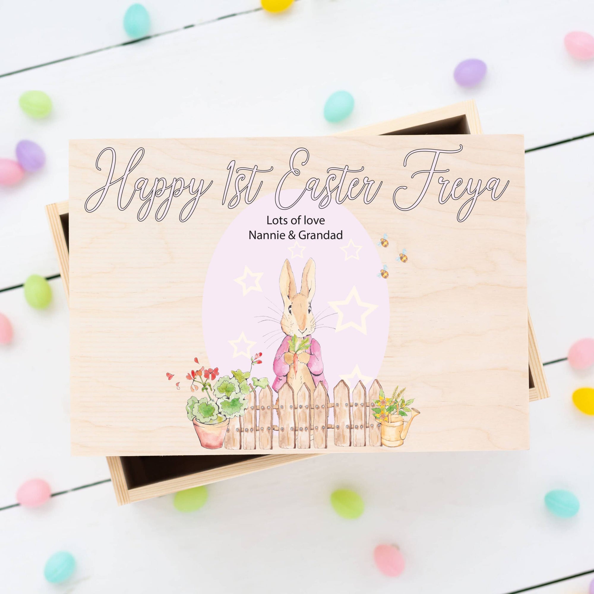Personalised Wooden Easter Bunny Rabbit Box Pink Egg