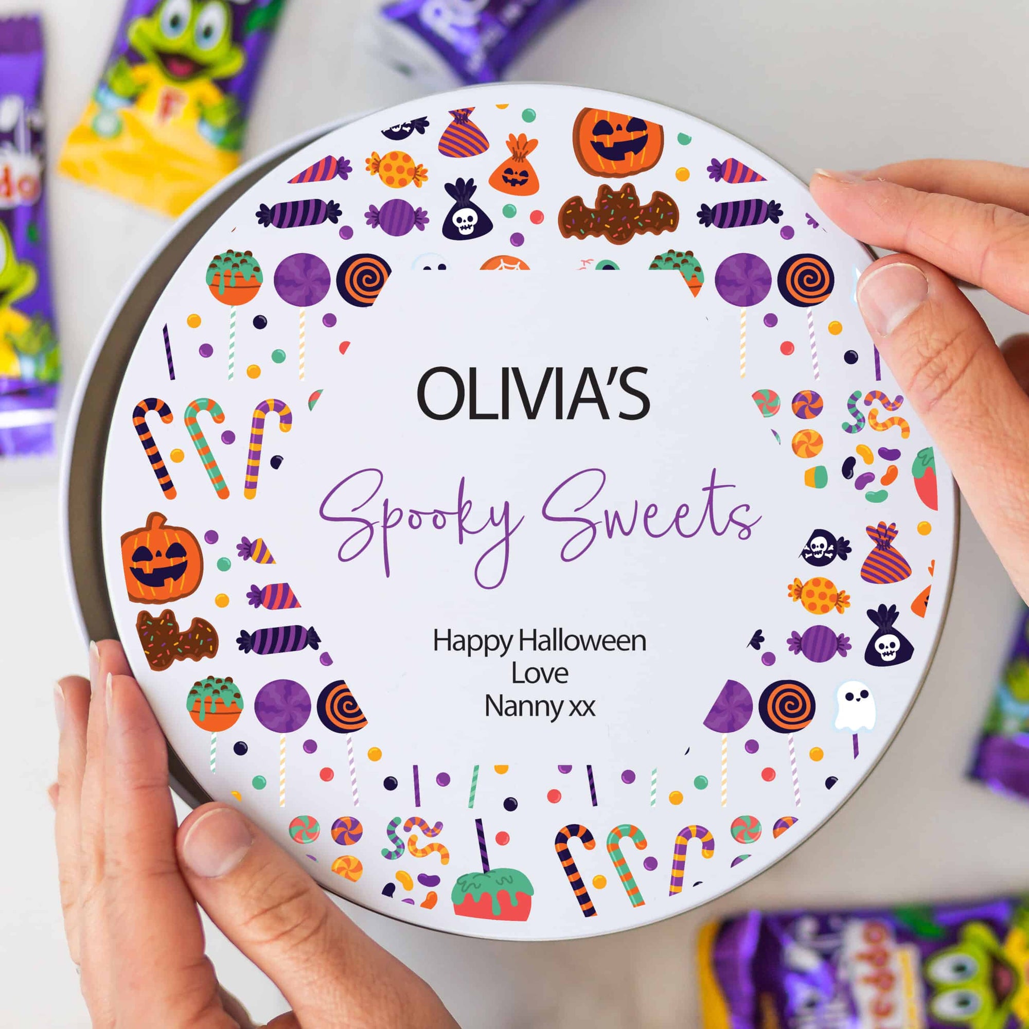 Personalised Metal Round Trick or Treat Sweetie Tin