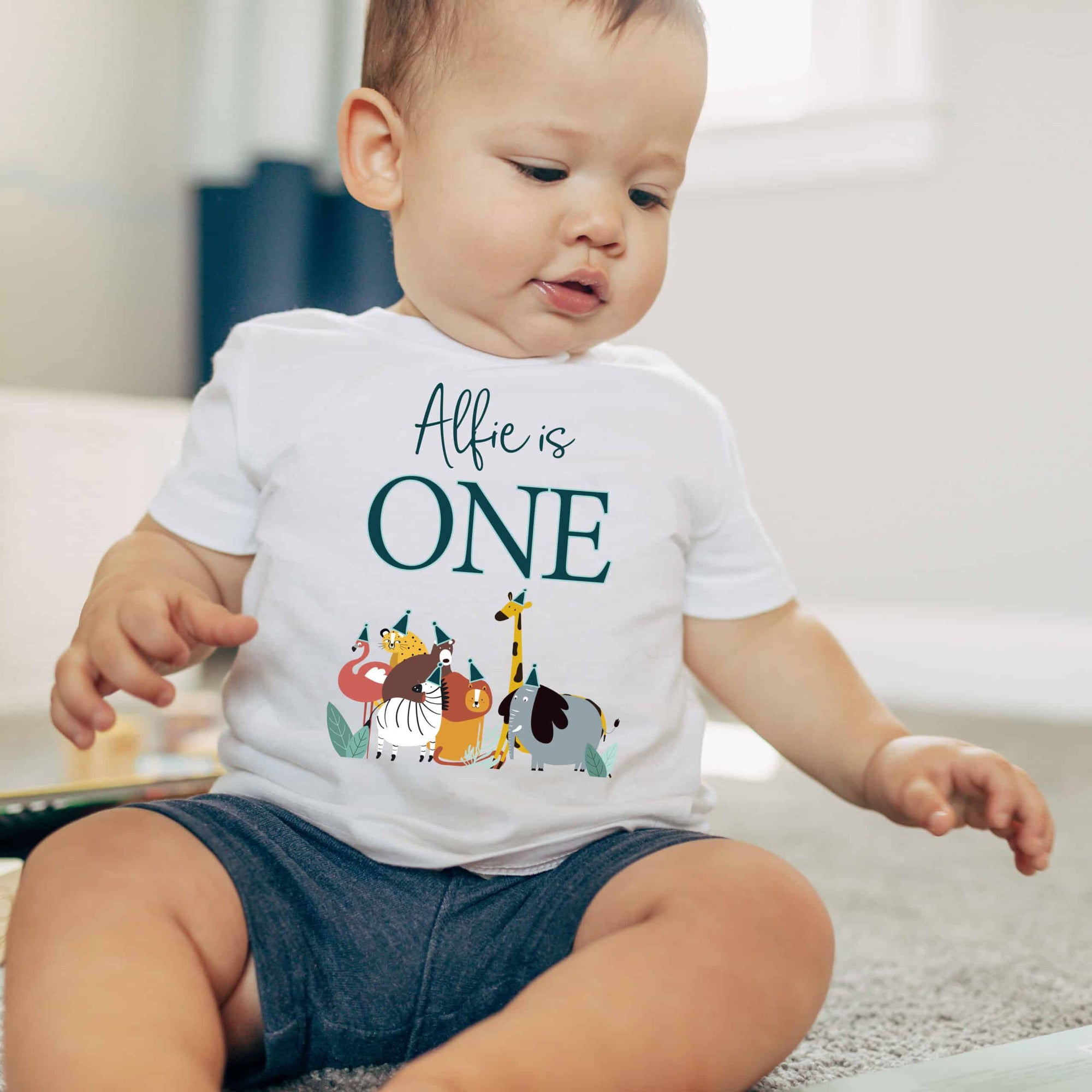 Personalised I Am 1 Today Birthday Safari Animal Kids White T-Shirt