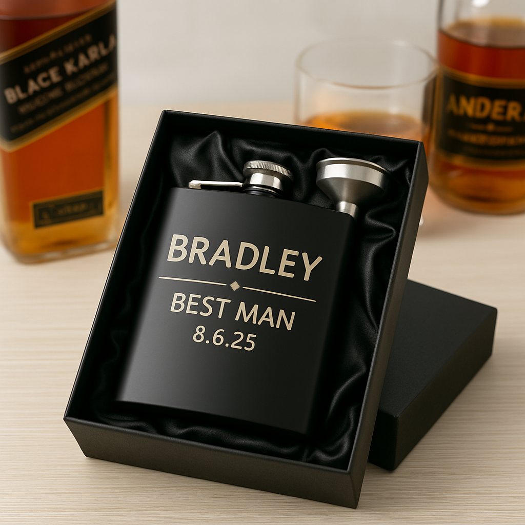 Personalised Black 6oz Hip Flask Wedding Favour Gift Set