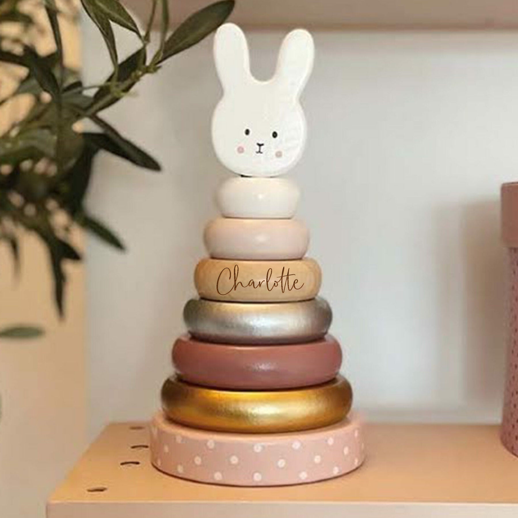 Personalised Wooden Pink Bunny Stacking Toy