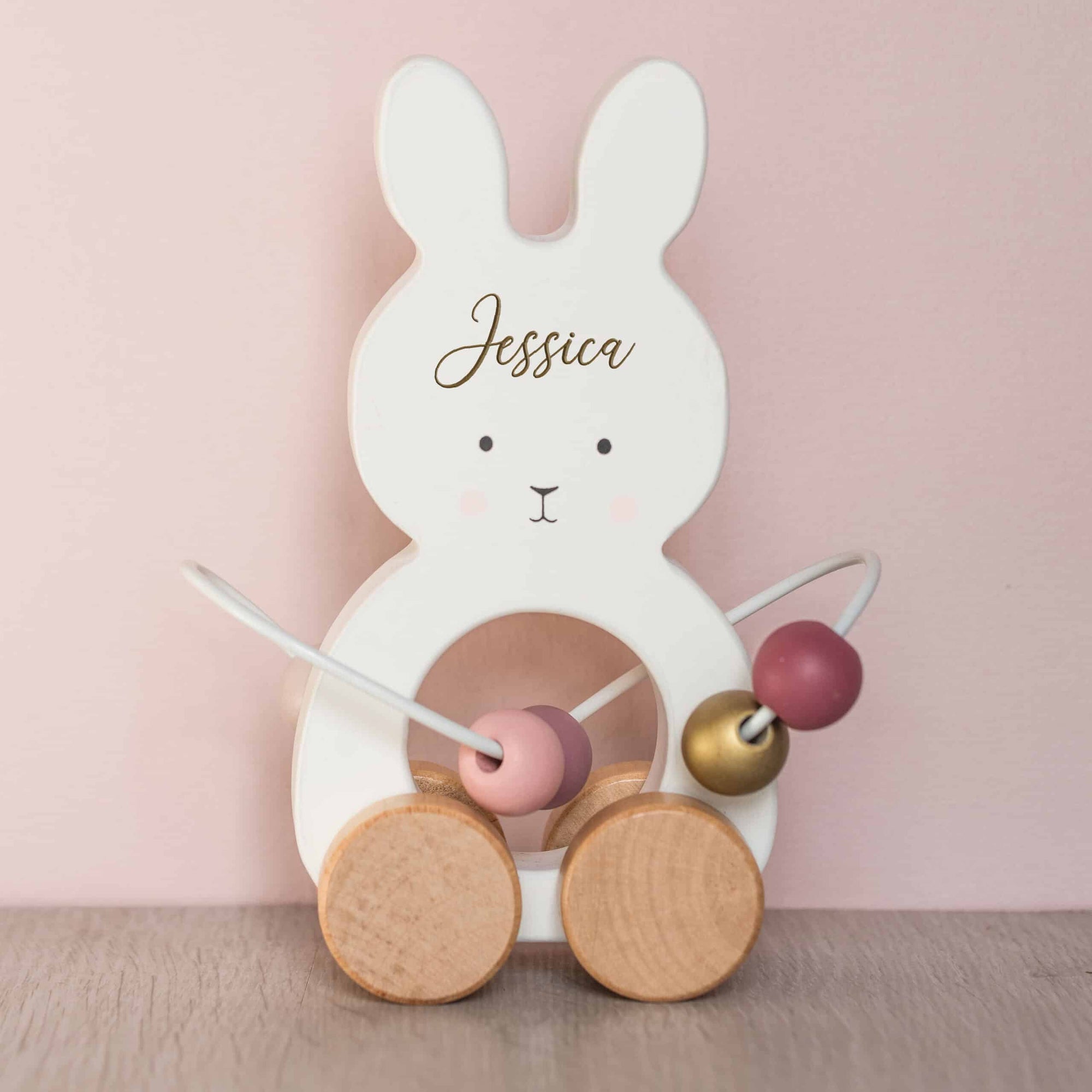 Personalised Wooden Pink Bunny Motor Pull Toy