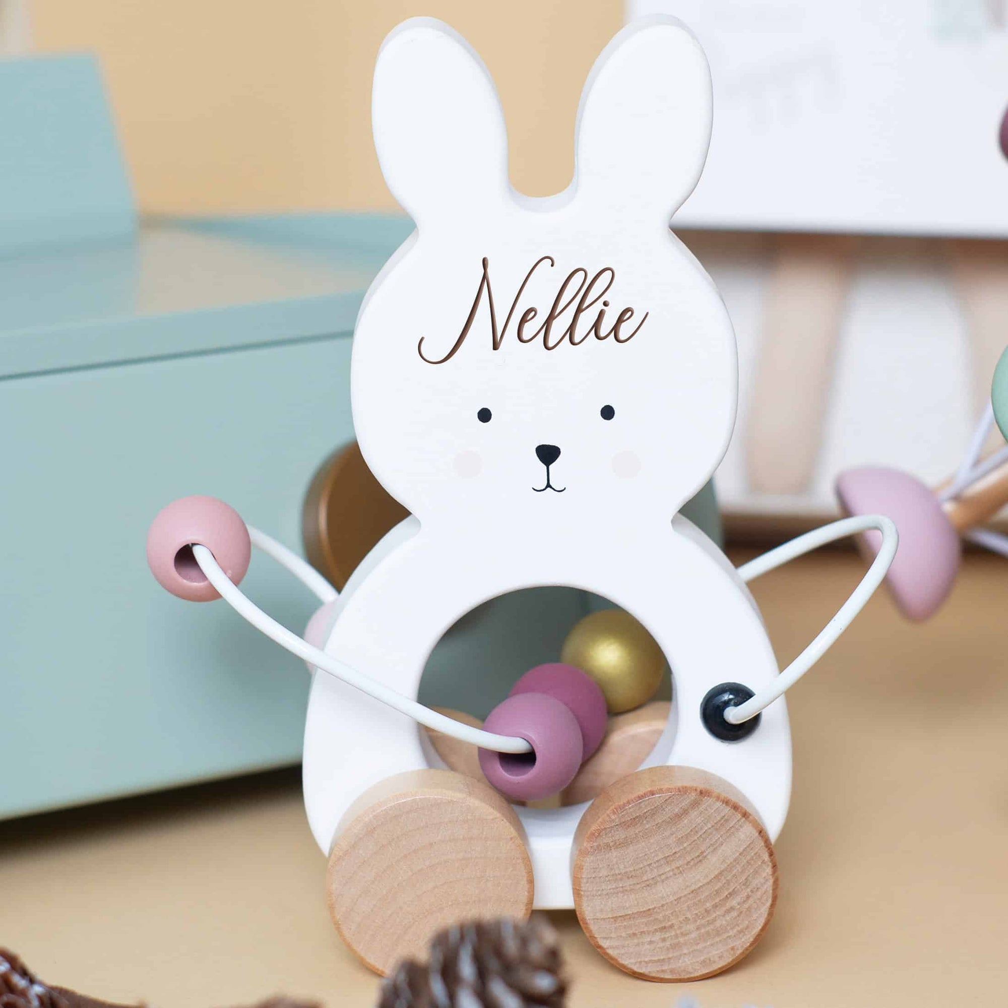 Personalised Wooden Pink Bunny Motor Pull Toy