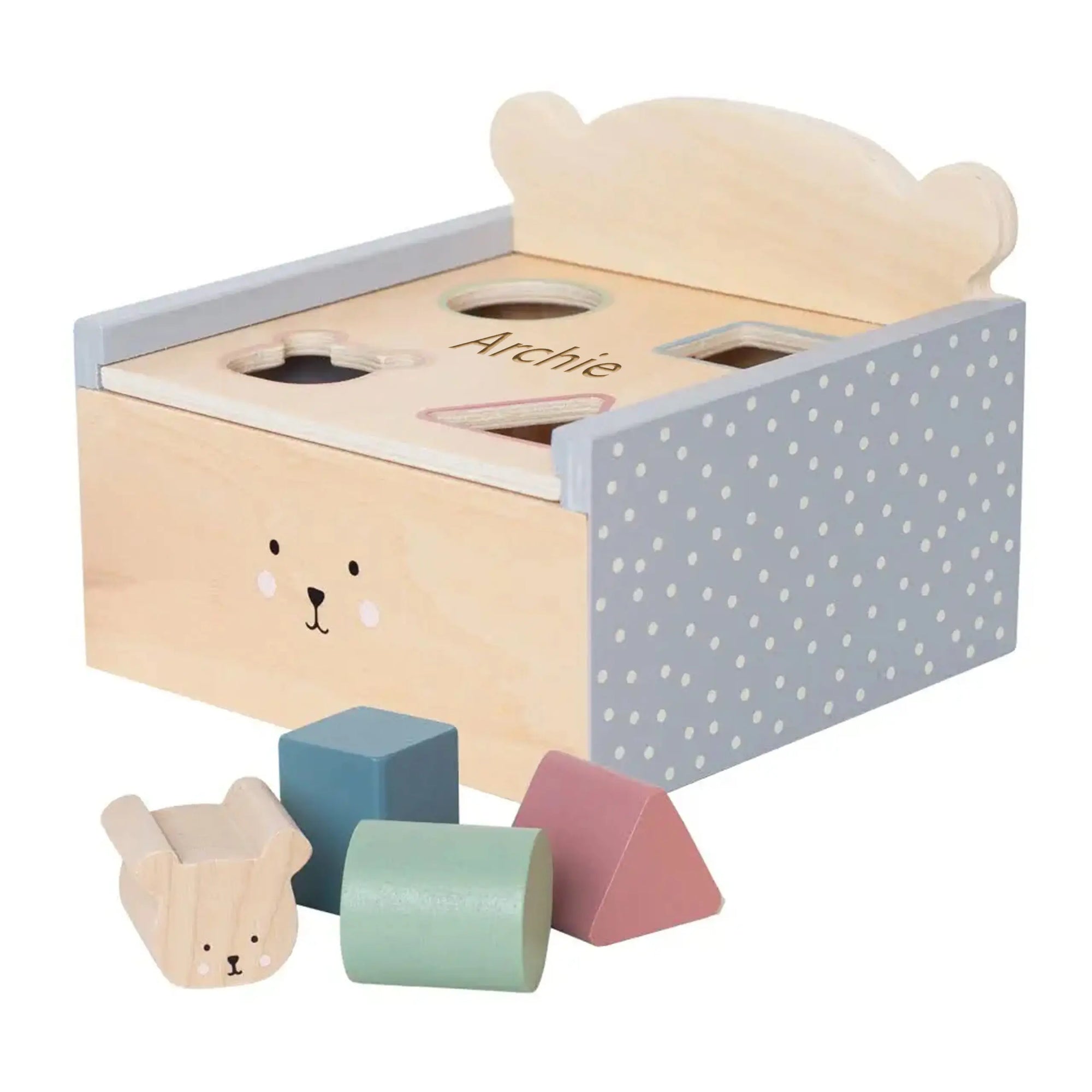 Personalised Wooden Teddy Sorterbox Puzzle Shapes Toy