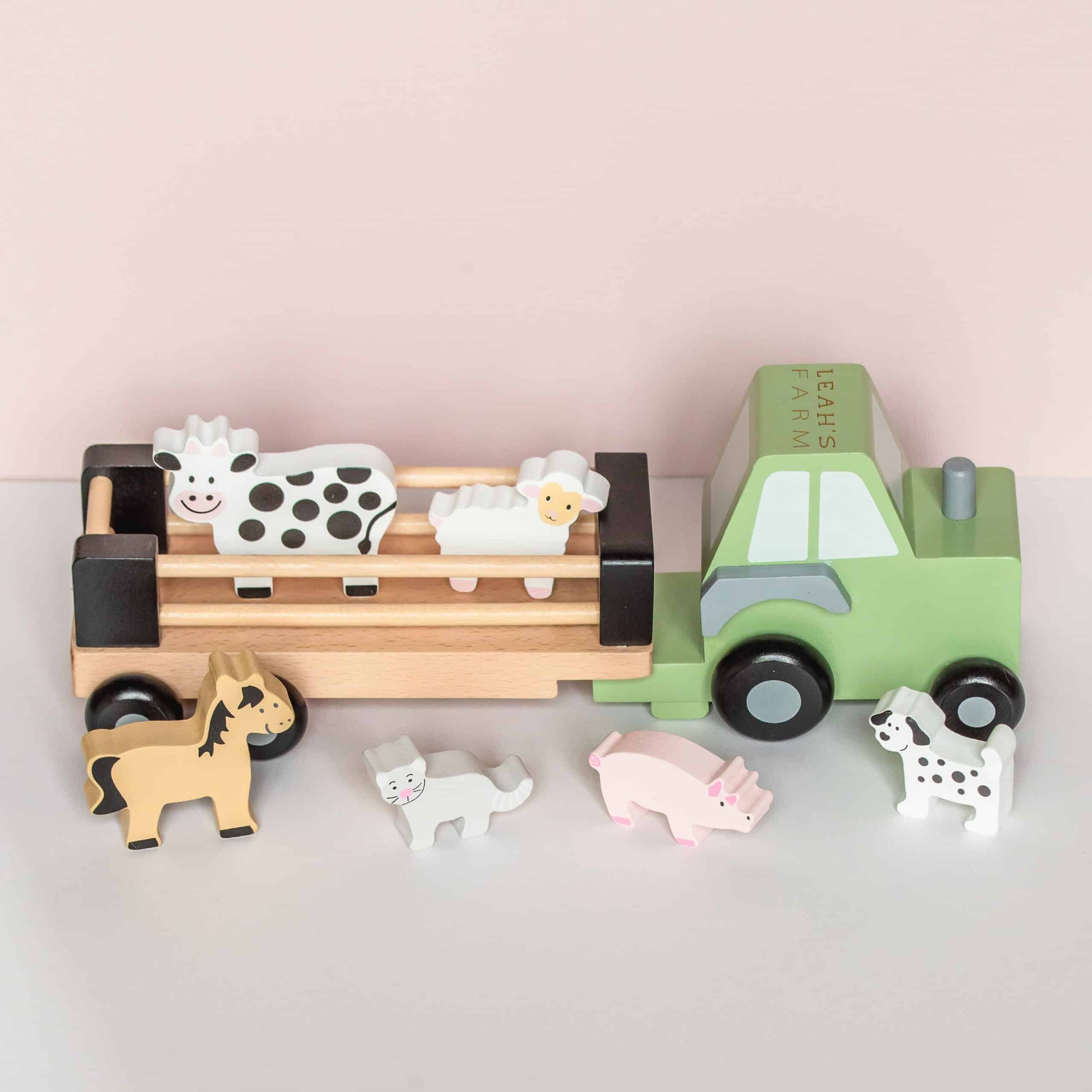 Personalised Wooden Farm Tractor Toy with Trailer and Animals